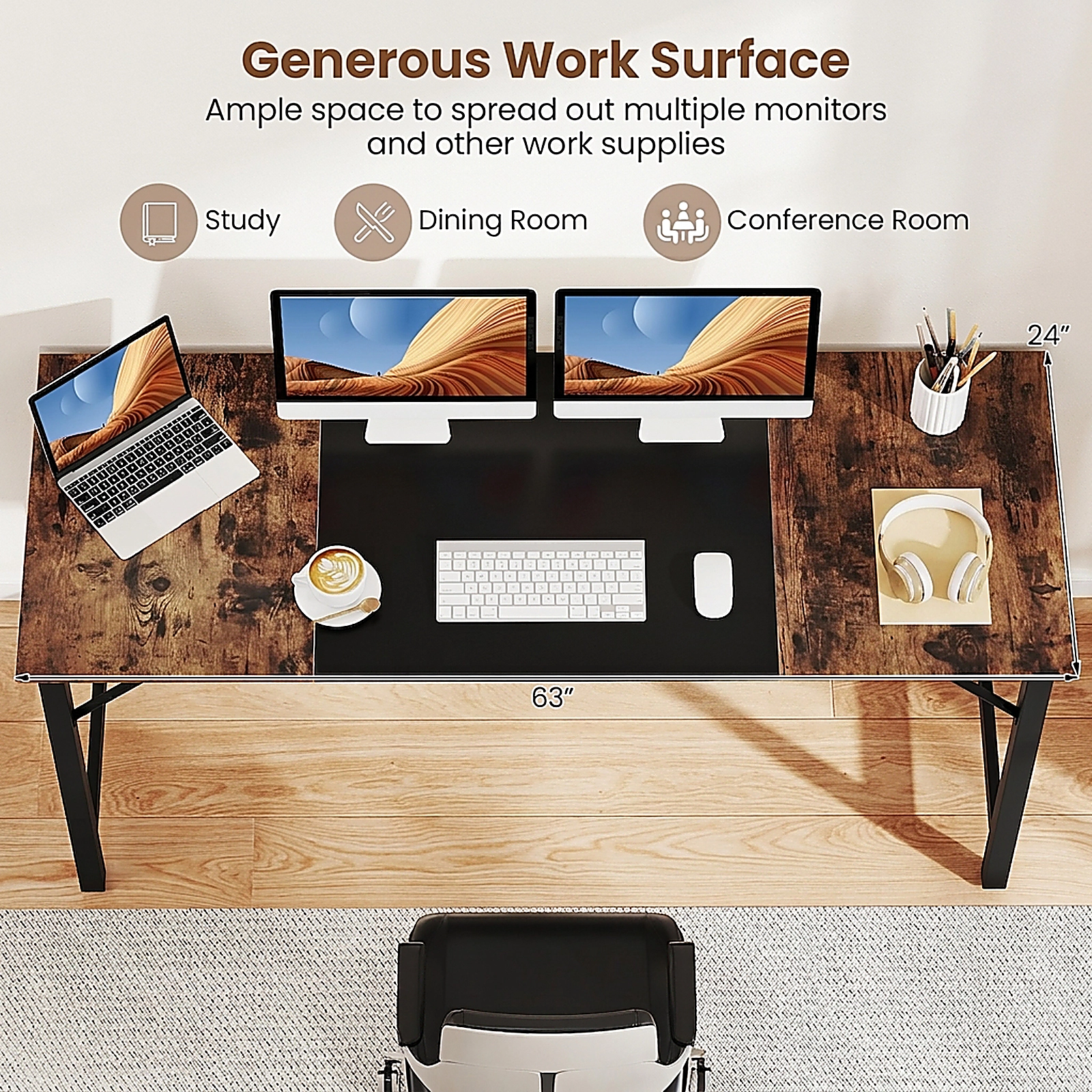 SUGIFT 63-in Modern Splice Computer Desk with Heavy Duty Steel Frame 110-lb Capacity Black Rustic Brown