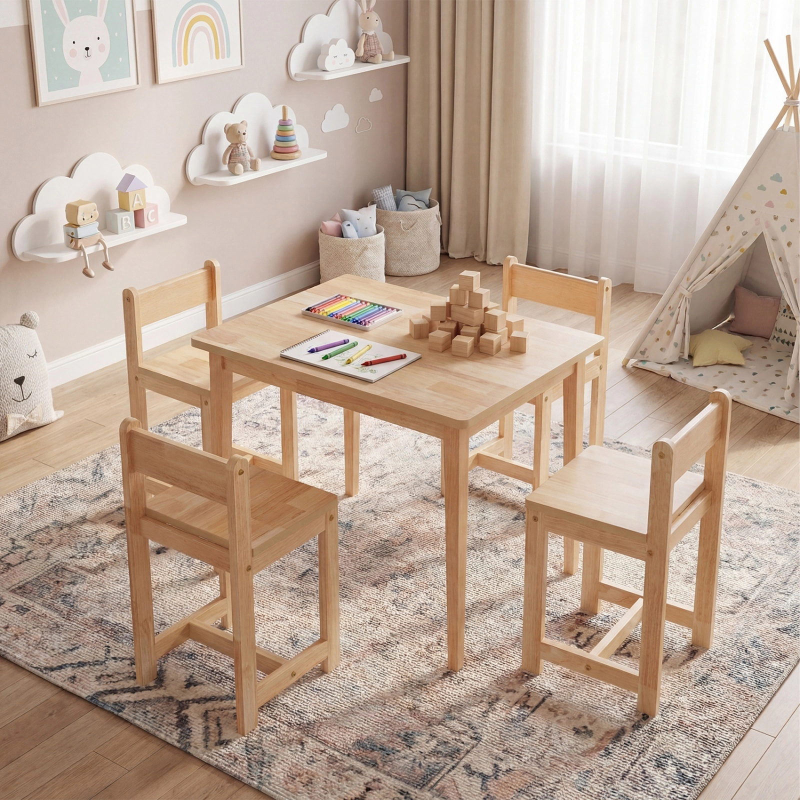SUGIFT Kids Table and 4 Chairs Set, Natural Rubber Wood, 31.5-in Tabletop, 16-in Seats