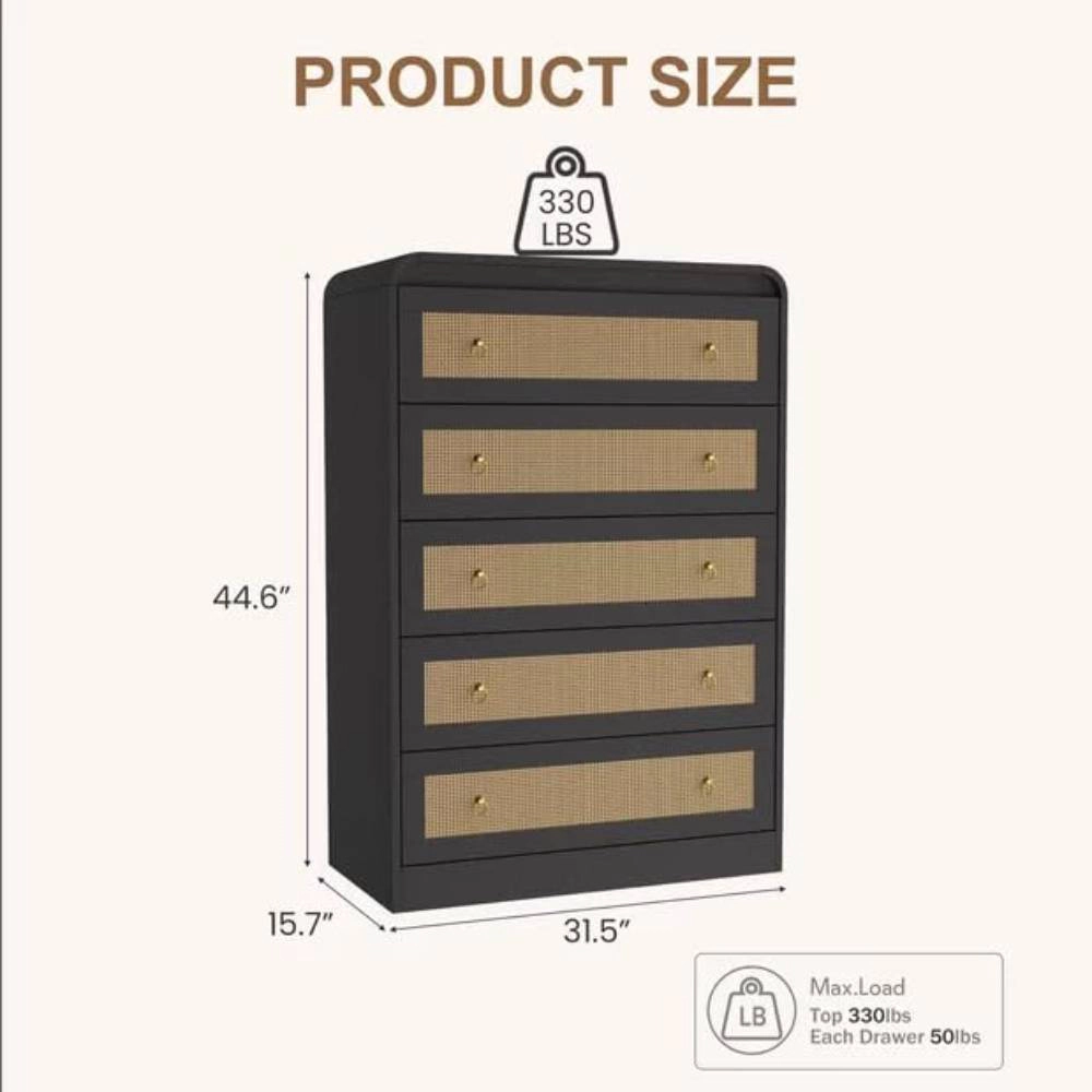 5 Drawer Rattan Dresser with Rounded Corners, 31" Tall Modern Wooden Storage Cabinet for Bedroom Living Room