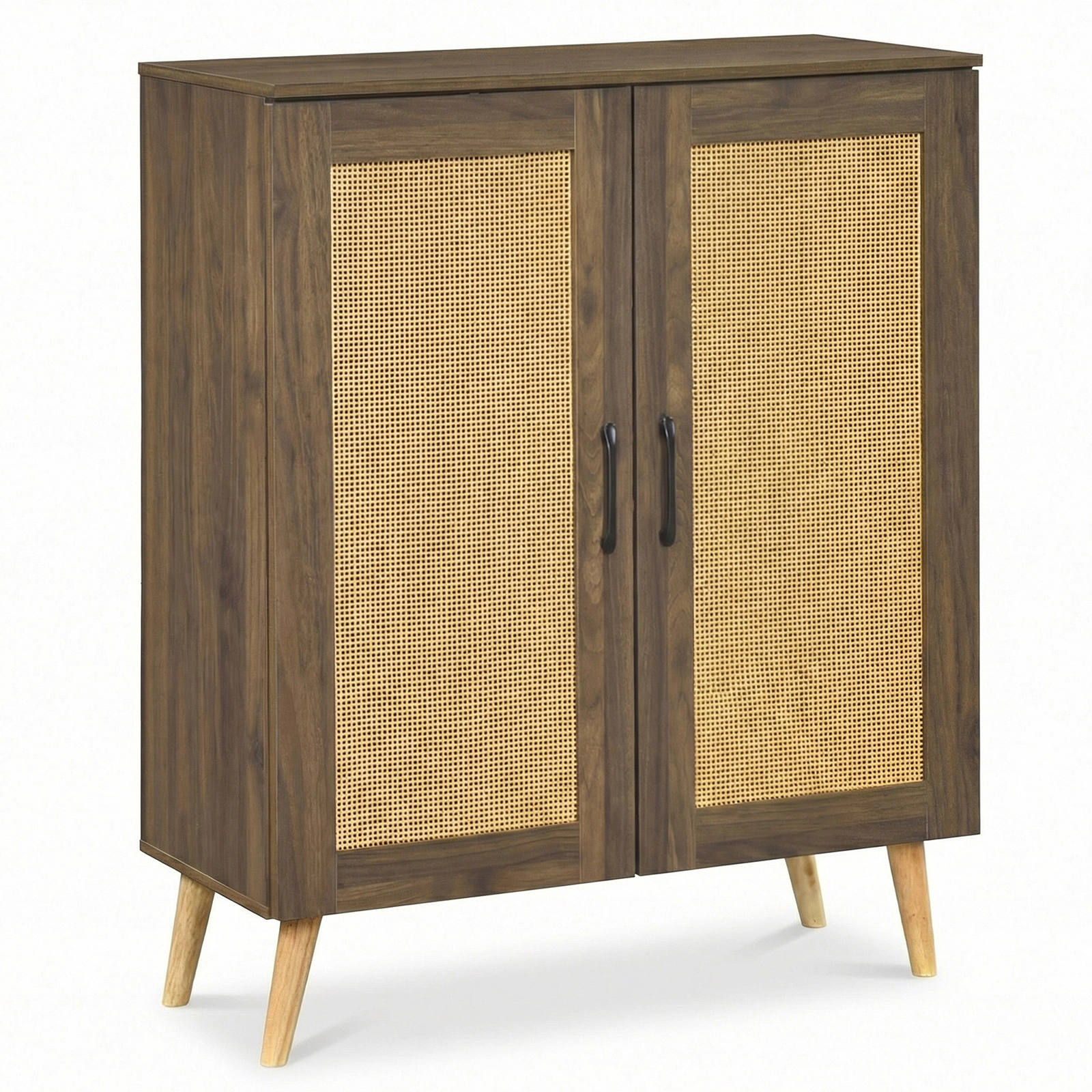 SUGIFT 5-Tier Walnut 37-in Tall Rattan Shoe Cabinet with 3 Removable Shelves and Solid Rubber Wood Legs