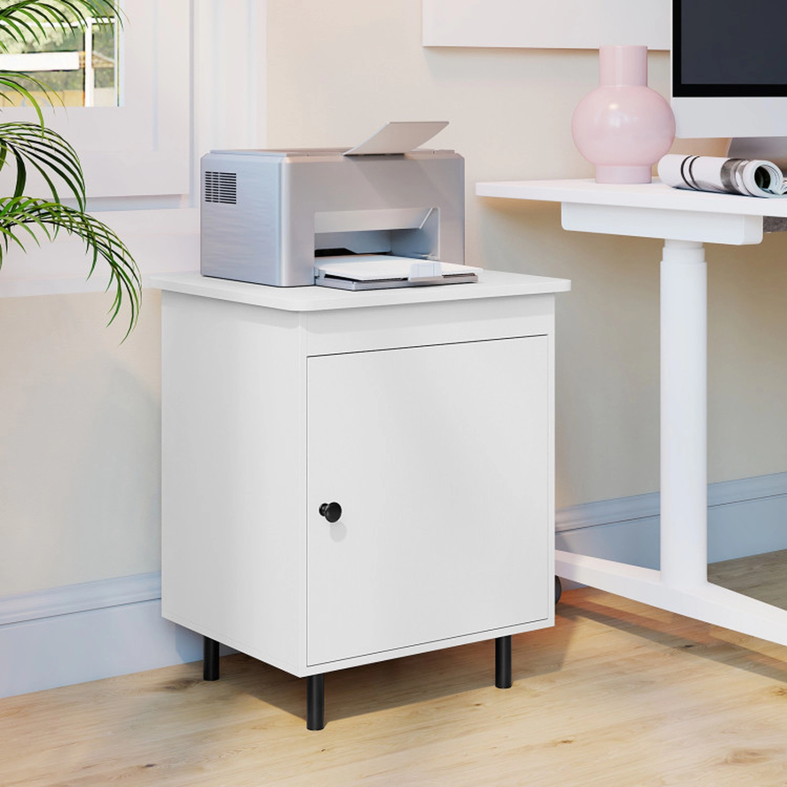SUGIFT Set of 2 White and Black Mid-Century Bedside Tables with Door Cabinets, 24.5-Inch