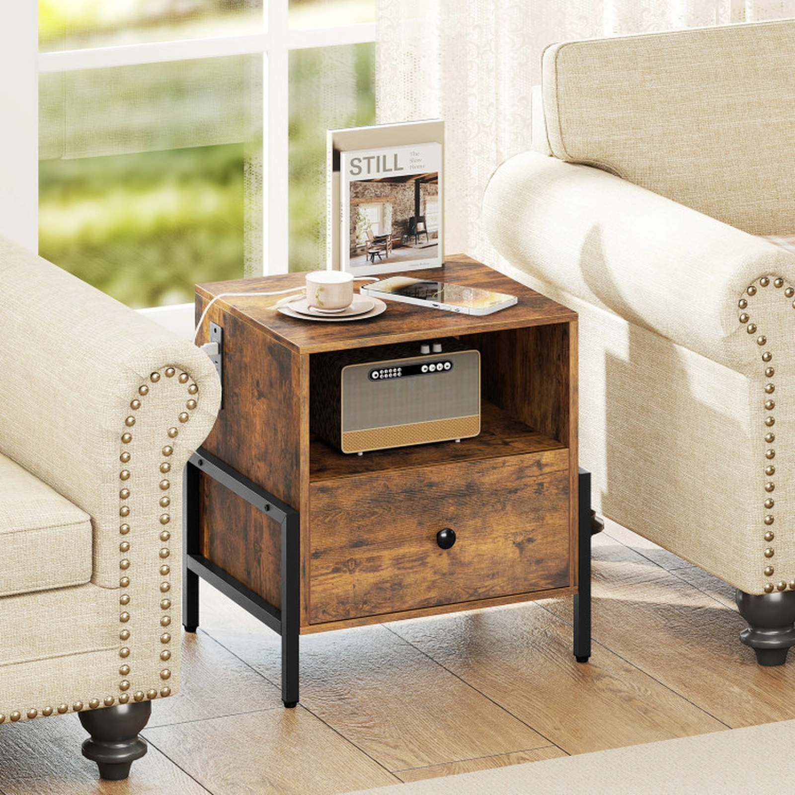 SUGIFT 21-In Rustic Brown Nightstand with Side-Mounted Power Strip, Drawer and Shelf