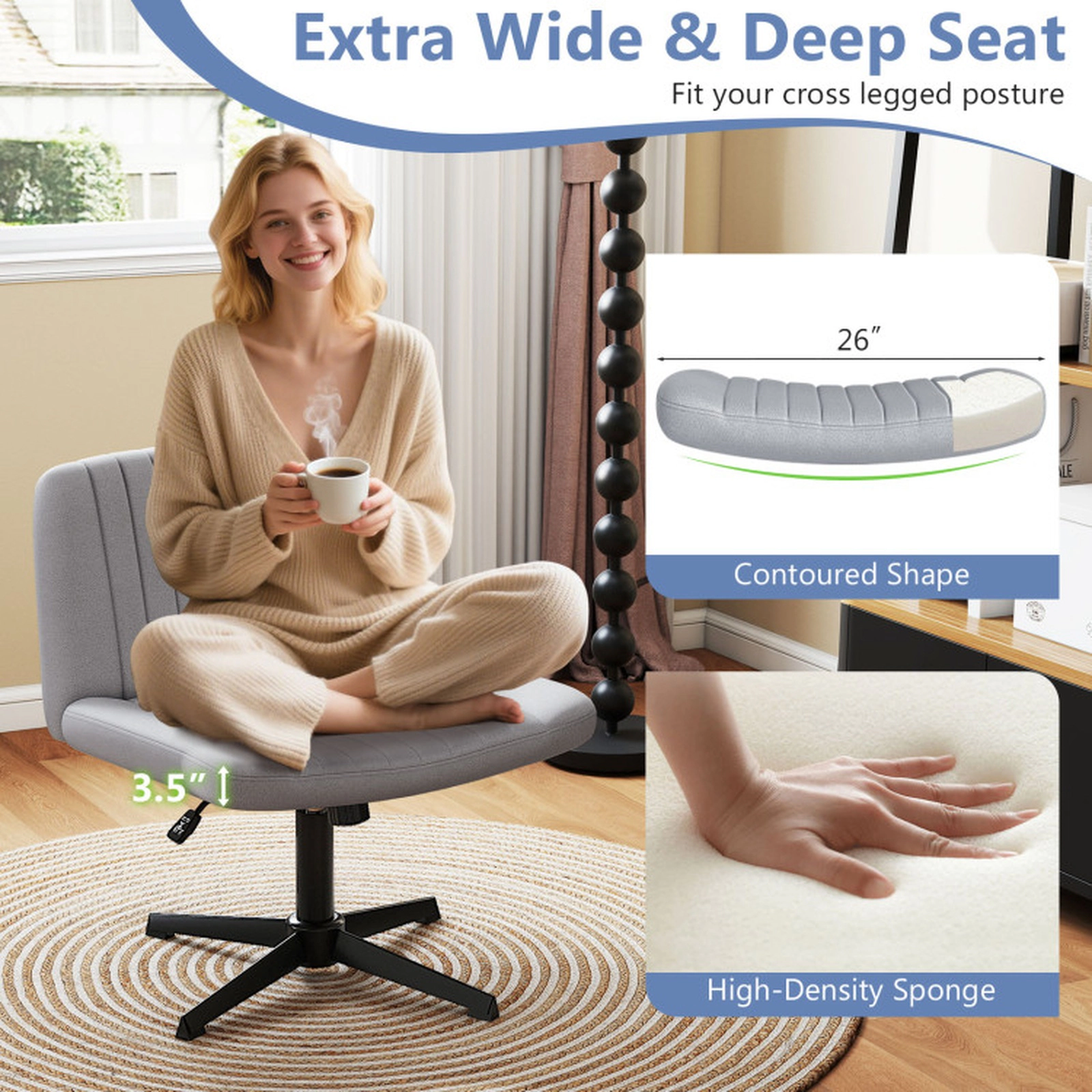 SUGIFT Extra Wide Cross-Legged Swivel Desk Chair with Rocking Tension Control 350-lb Capacity Gray and Black