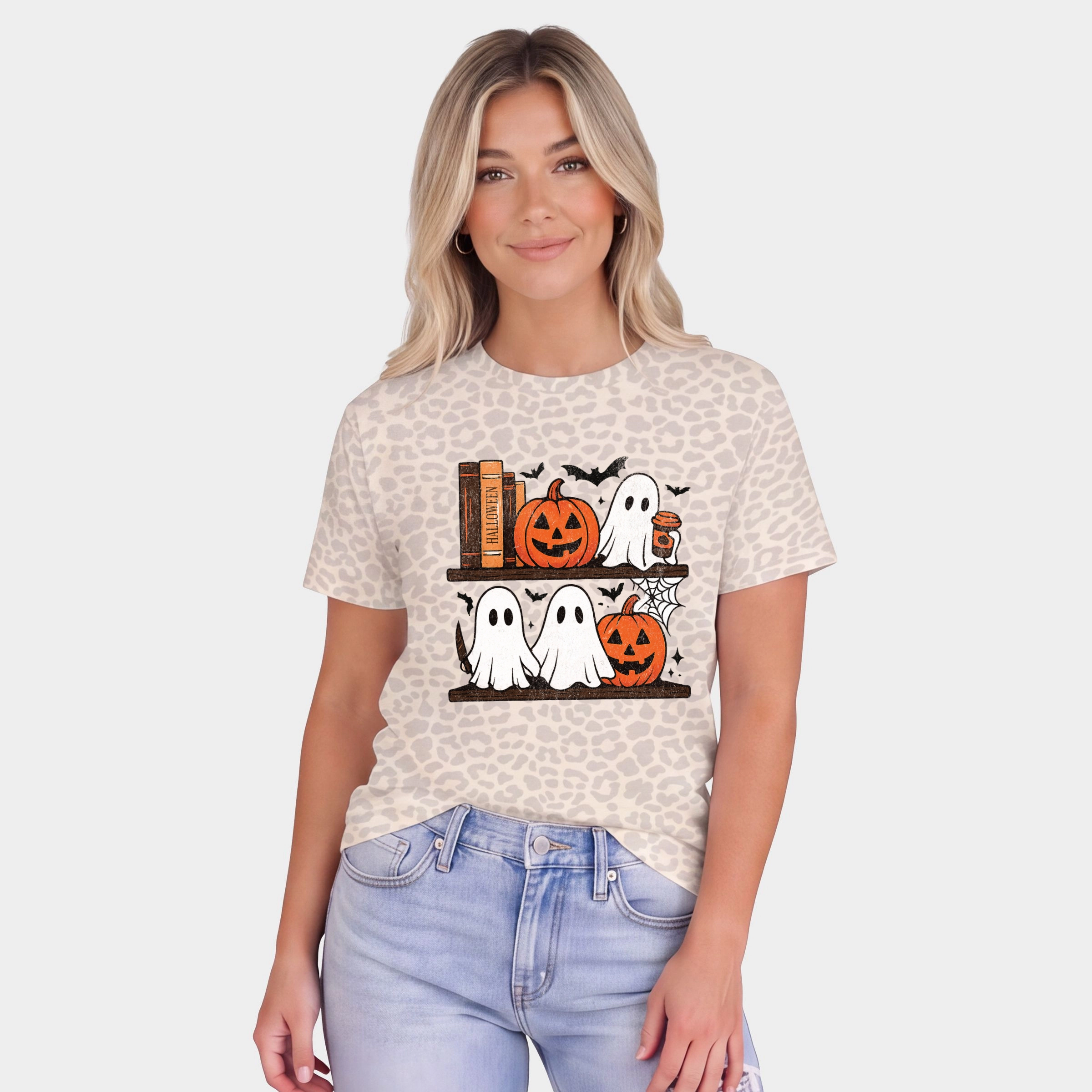 Simply Sage Market - Women's Leopard Print Tee Halloween Bookshelf Ghosts