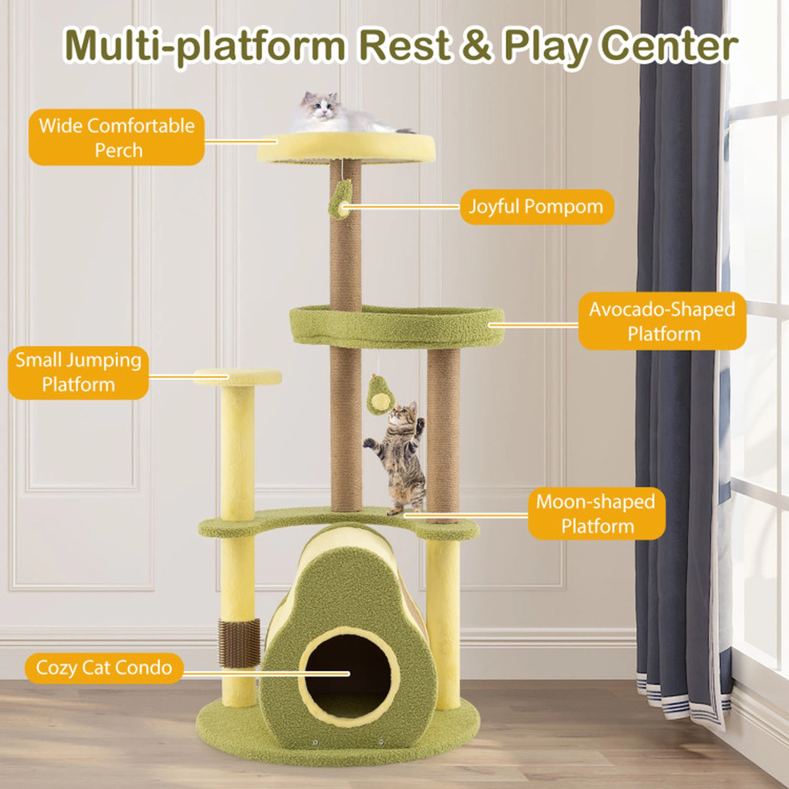 SUGIFT 49-in Freestanding Avocado Cat Tree Tower with 18.5-in Platform 15-in Top Perch and Private Condo