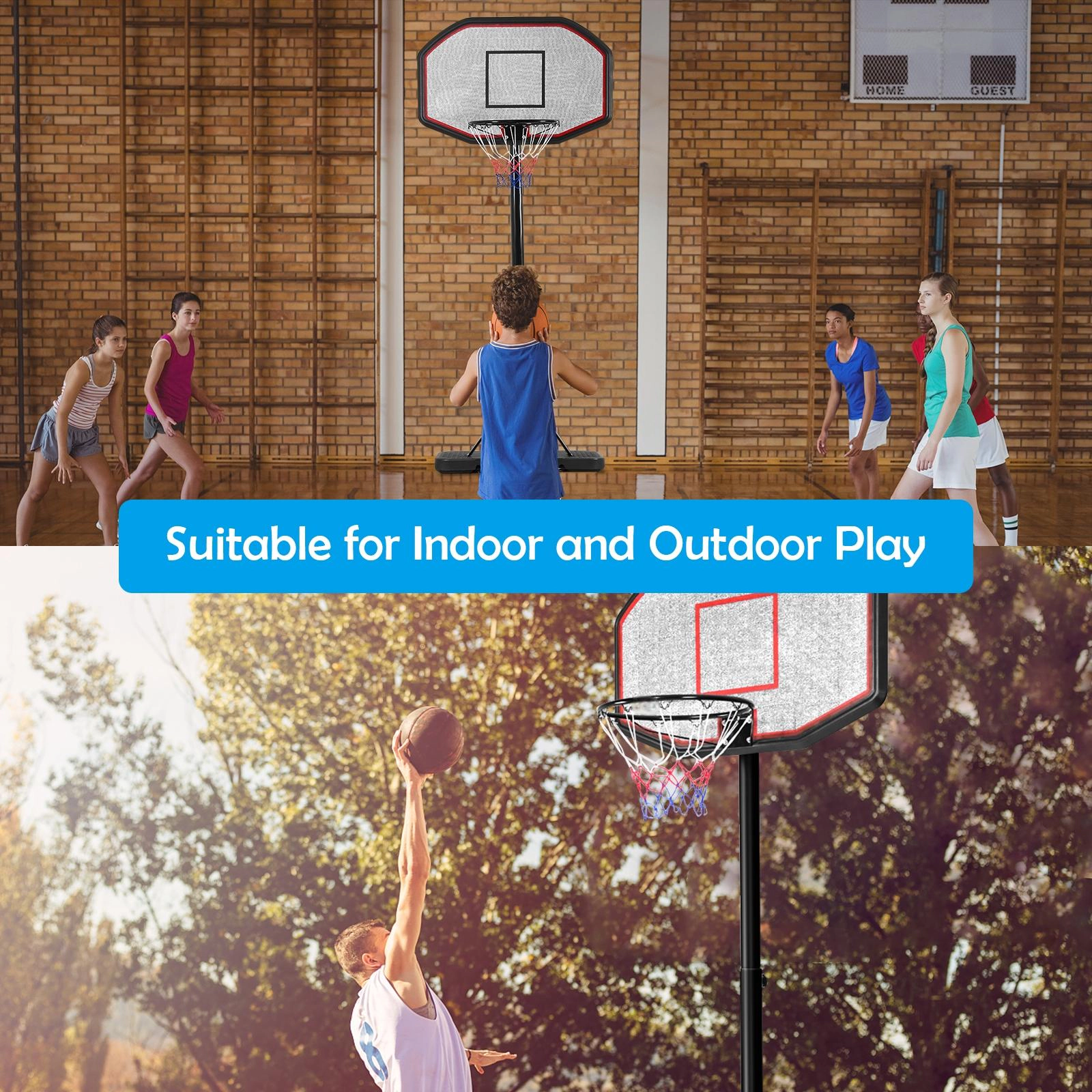 SUGIFT 43-in Height Adjustable Indoor Basketball Hoop System with 43 x 28-in PE Backboard and Fillable Mobile Base
