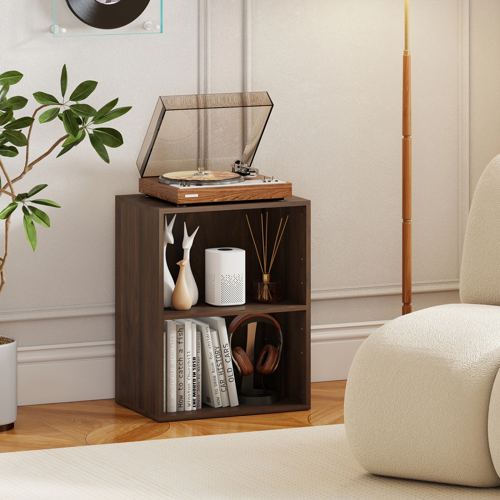 SUGIFT 2-Cube Dark Walnut 21-in Low Bookshelf with 5-Position Adjustable Shelf and Floor Standing Cube