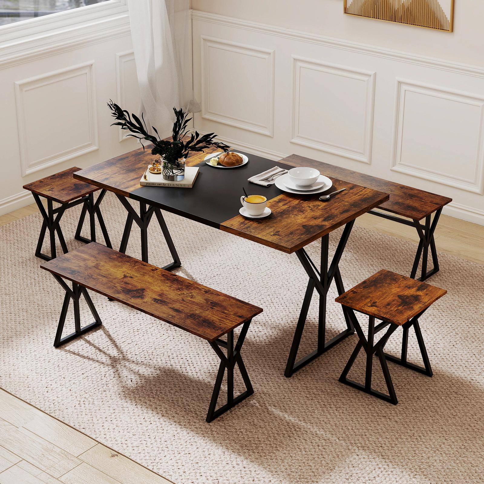 SUGIFT 5-Piece 55-Inch Rustic Brown Dining Set with 2 Benches and 2 Stools
