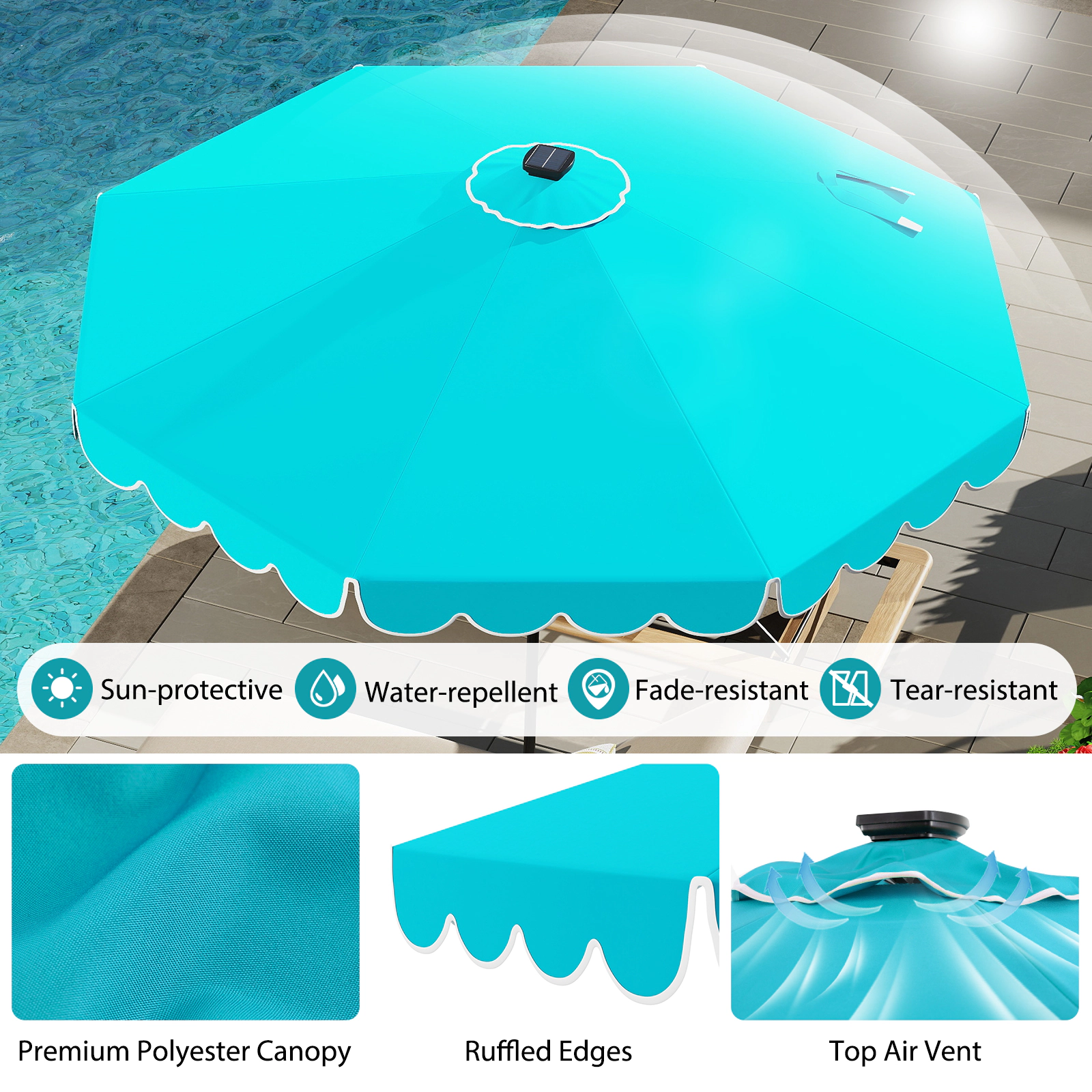 SUGIFT Turquoise 10 ft Solar Patio Umbrella with 24 Cool-White LED Lights