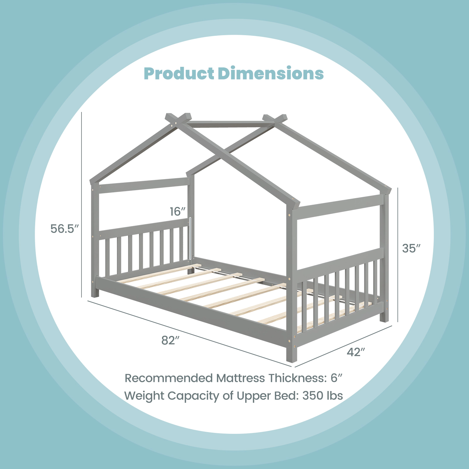 SUGIFT Twin House Bed Frame, Gray Wood Kids Platform Bed with Roof, Headboard, Footboard and 8 Slats