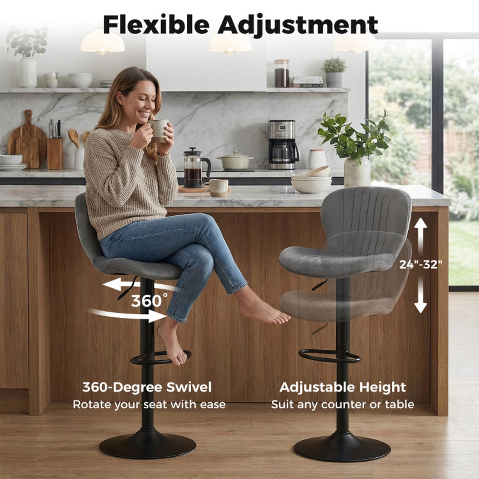 SUGIFT Set of 4 Gray Adjustable Velvet Swivel Bar Stools with Backrests and Footrests