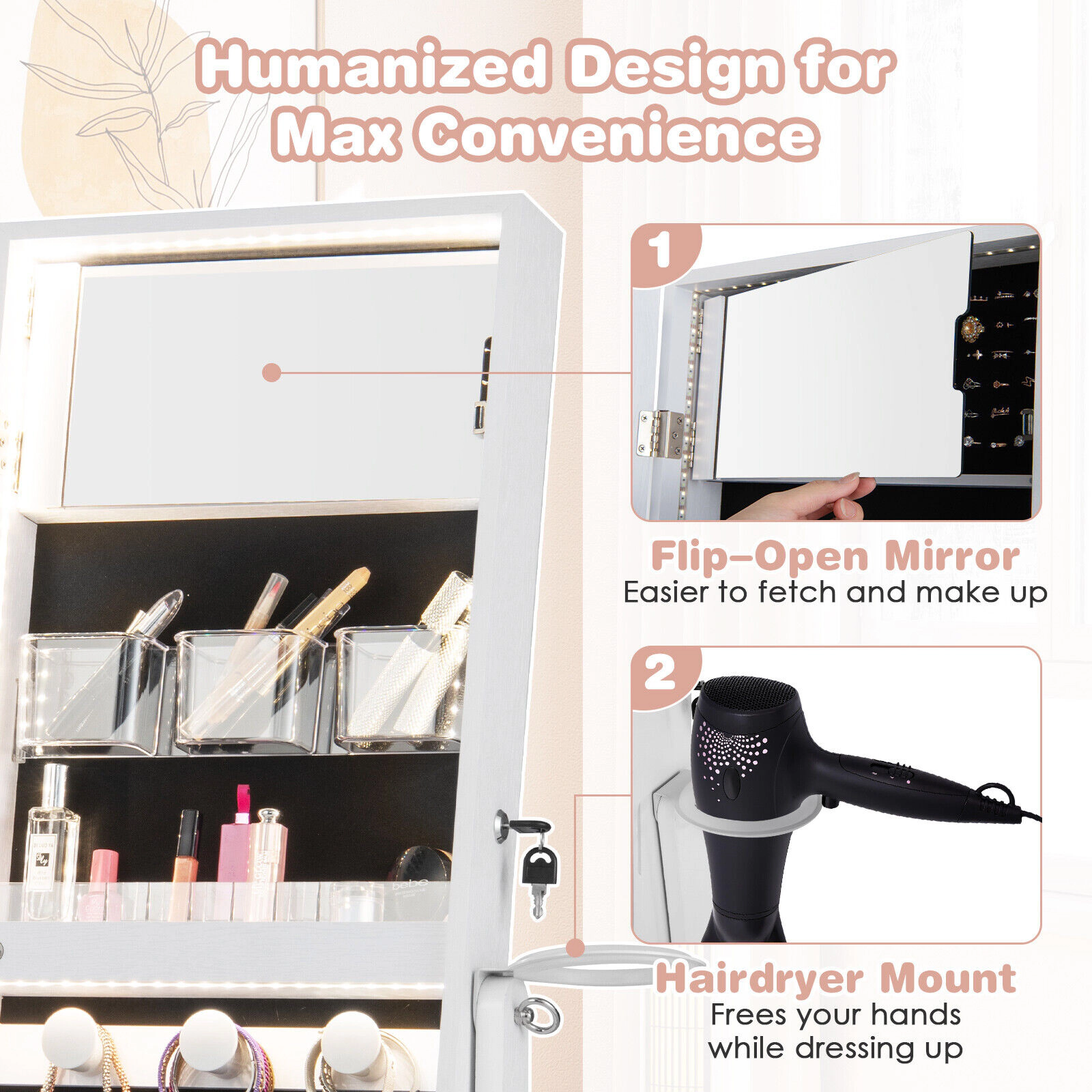 Slickblue 61.5 Inch Freestanding Jewelry Cabinet with Full-Length Mirror and LED Lights