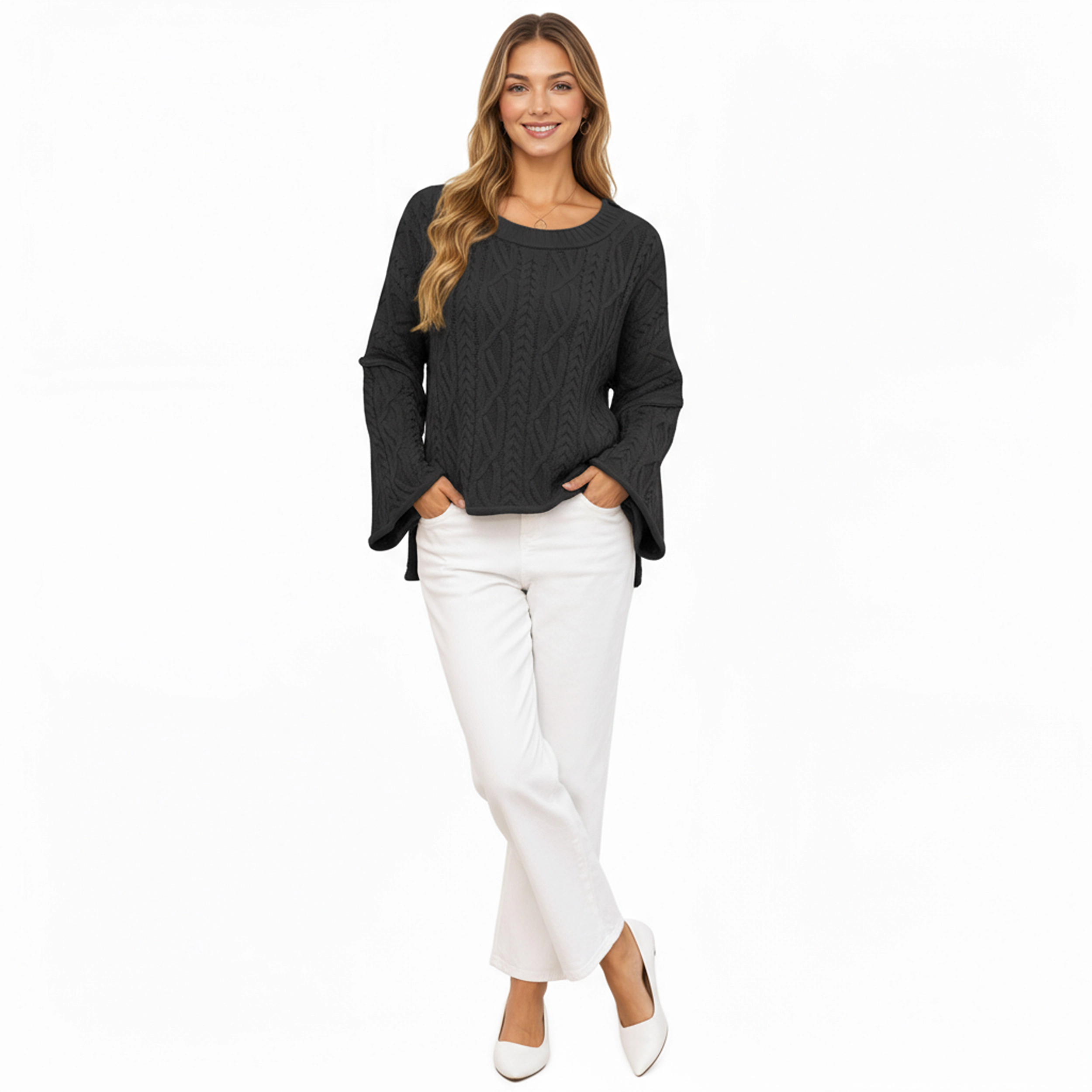 Anna-Kaci Women's Cable Knit Pullover Sweater with Relaxed Fit and Wide Cuff Sleeves