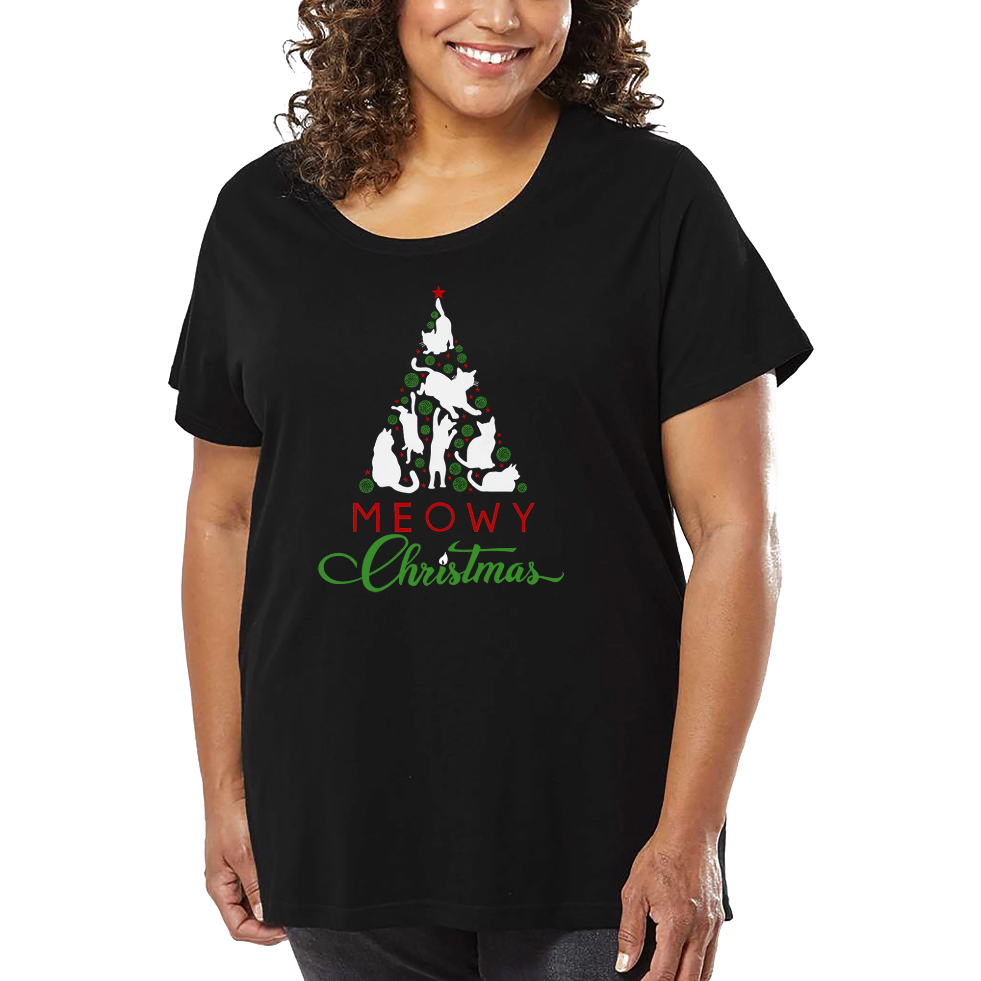 LA Pop Art Women's Plus Word T-Shirt - Meowy Christmas Tree