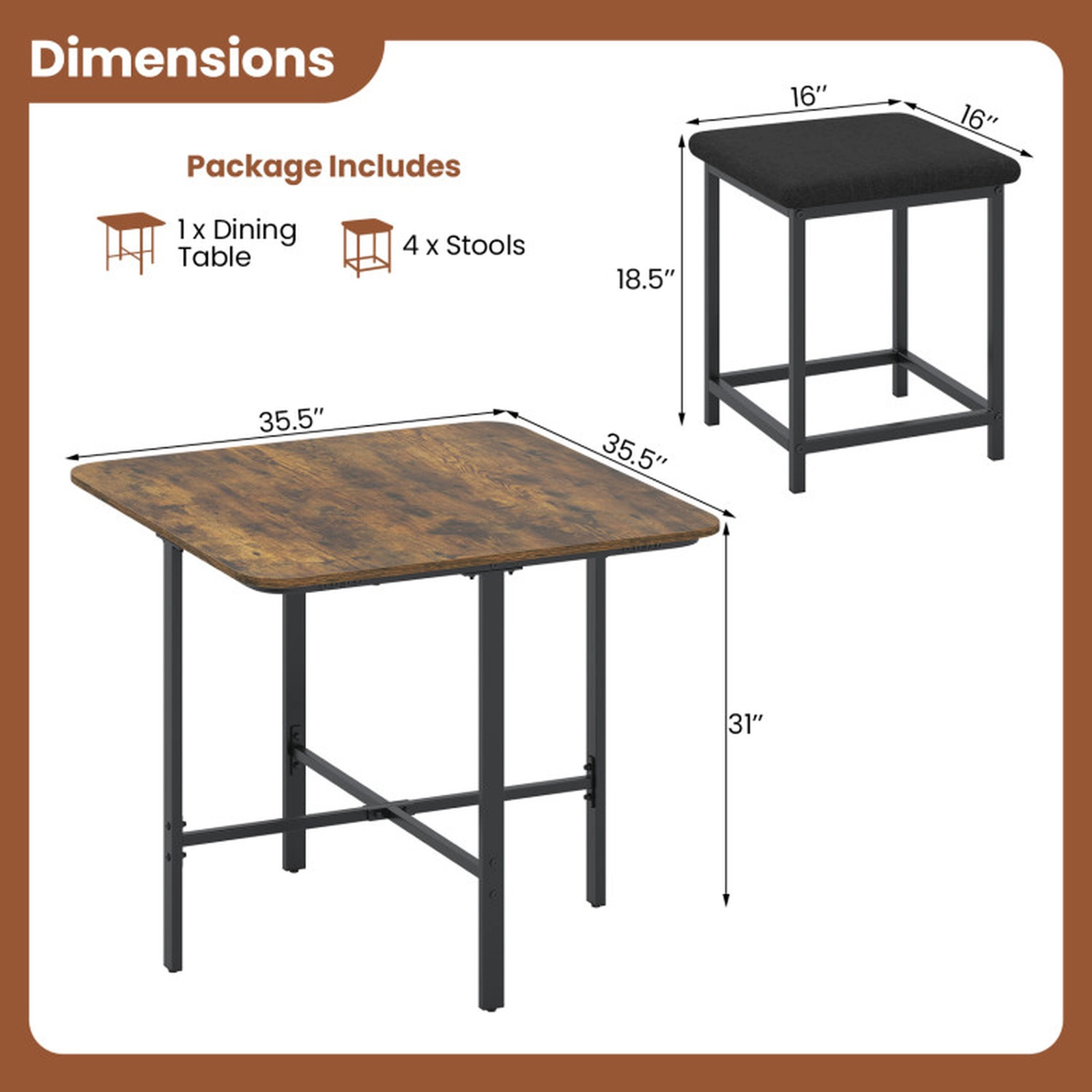 SUGIFT 5-Piece Square Dining Set for 4 with Linen Stools, 35.5-Inch Table