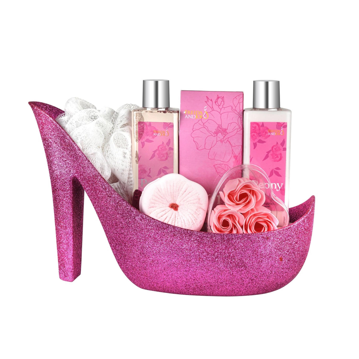 Freida and Joe Women Elegant 9-piece Pink Peony Bath Set Pink High Heel Shoe Luxurious Spa Gift
