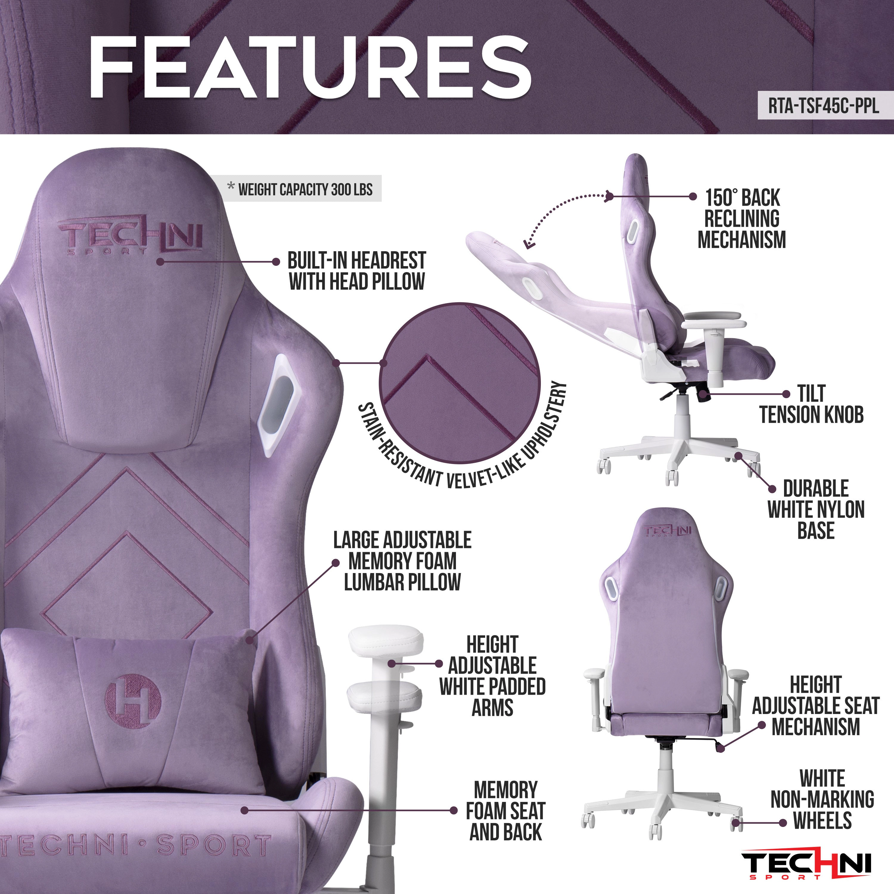 Platinum-Level Gaming Chairs Techni Sport TSF45C Velvet Memory Foam Gaming Chair Purple
