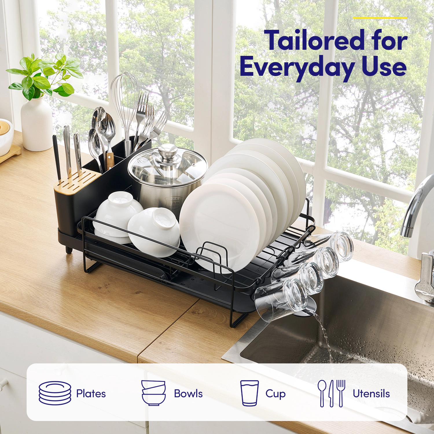 Sweet Home Collection 3-Piece Dish Dryer Rack with Expandable Base and Utensil Holder