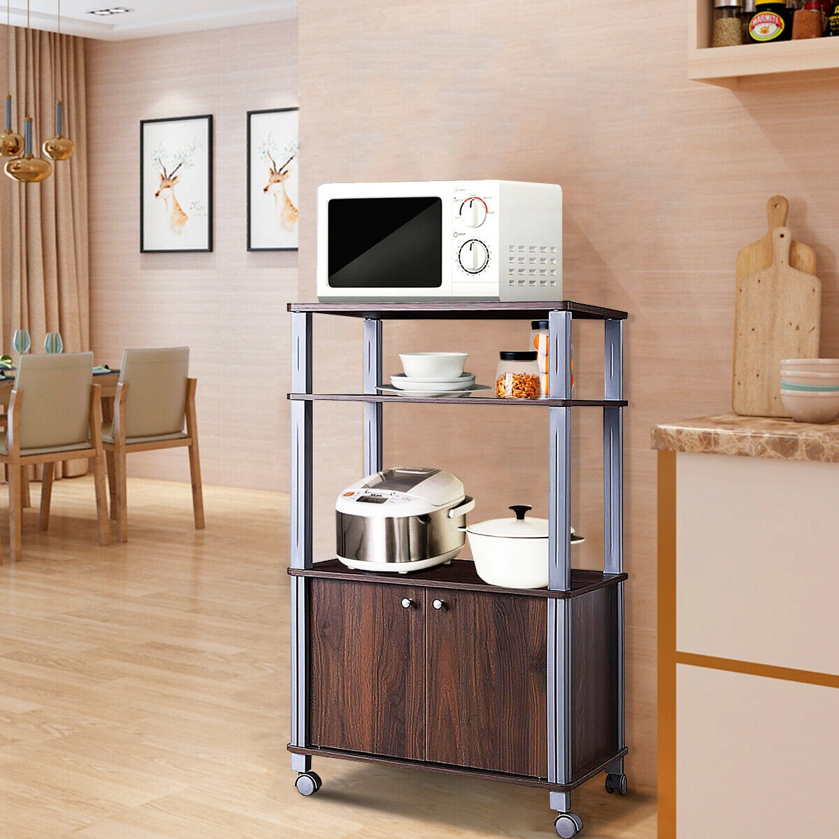SUGIFT Microwave Rack Stand Walnut Rolling Storage Cart with 2-Door Cabinet
