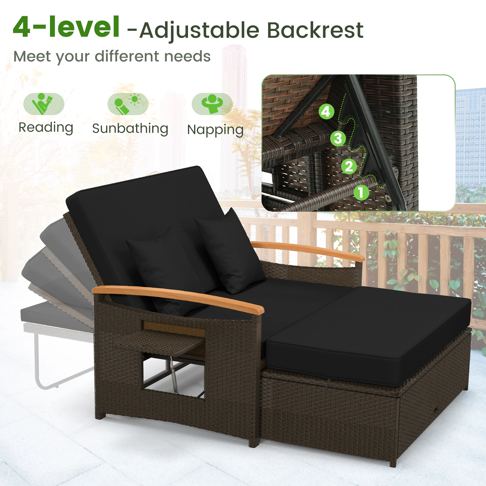 SUGIFT Outdoor Wicker Daybed with Folding Panels and Storage Ottoman 800-lb Loveseat Capacity Mix Brown/Mix Gray