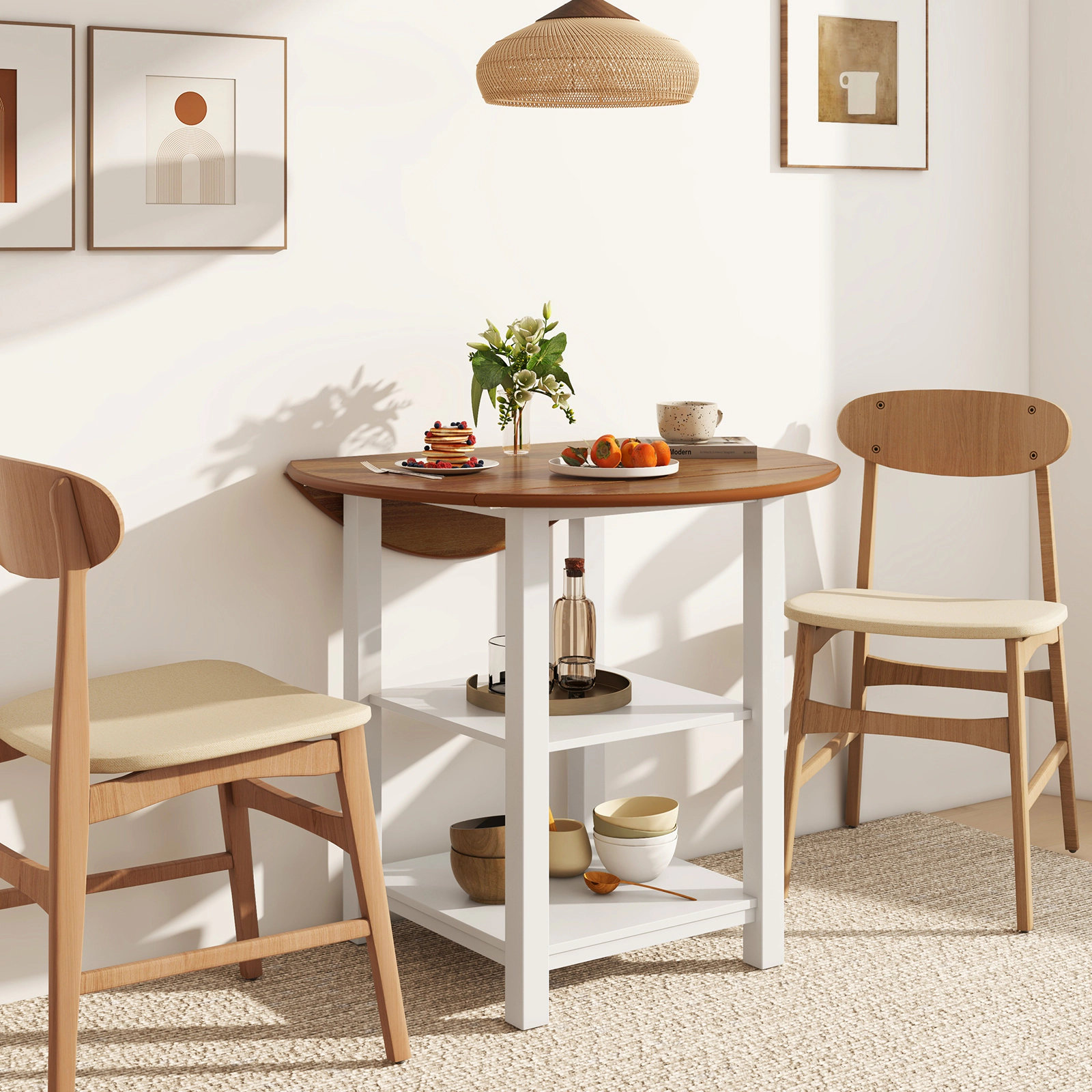 LJG Folding Round Dining Table Drop Leaf Table with 2 Shelves for Small Spaces