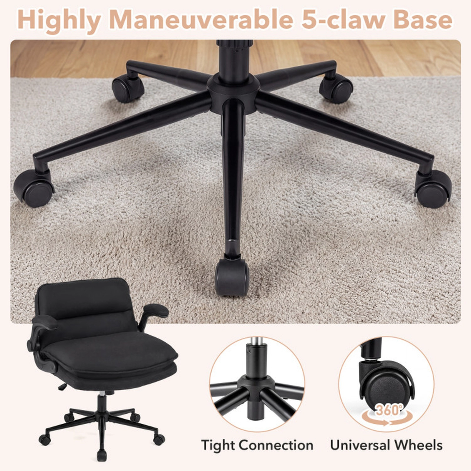 SUGIFT Criss Cross Faux Leather Office Chair on Wheels with Flip-up Arms Adjustable Height 330-lb Capacity Beige/Gray