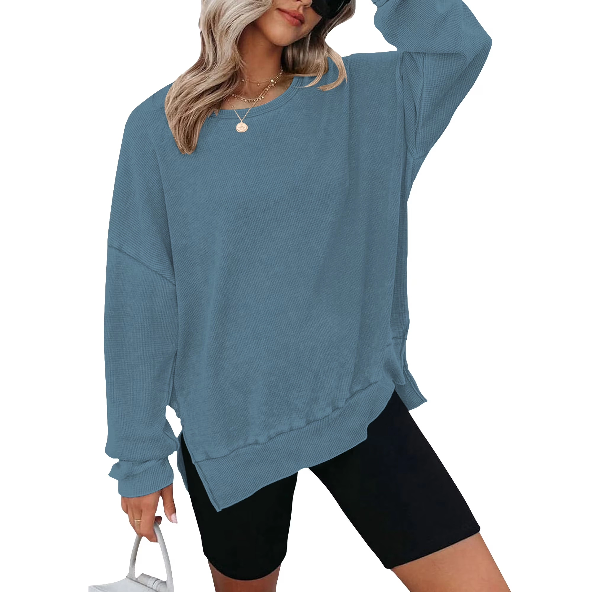 KOJOOIN Oversized Hoodies for Women Crewneck Waffle Knit Long Sleeve Pullover Fall Tops