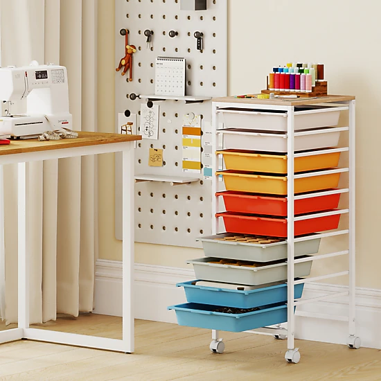 SUGIFT 33-in 10-Drawer Rolling Storage Cart with Wood Top Mobile Utility Organizer and Lockable Wheels