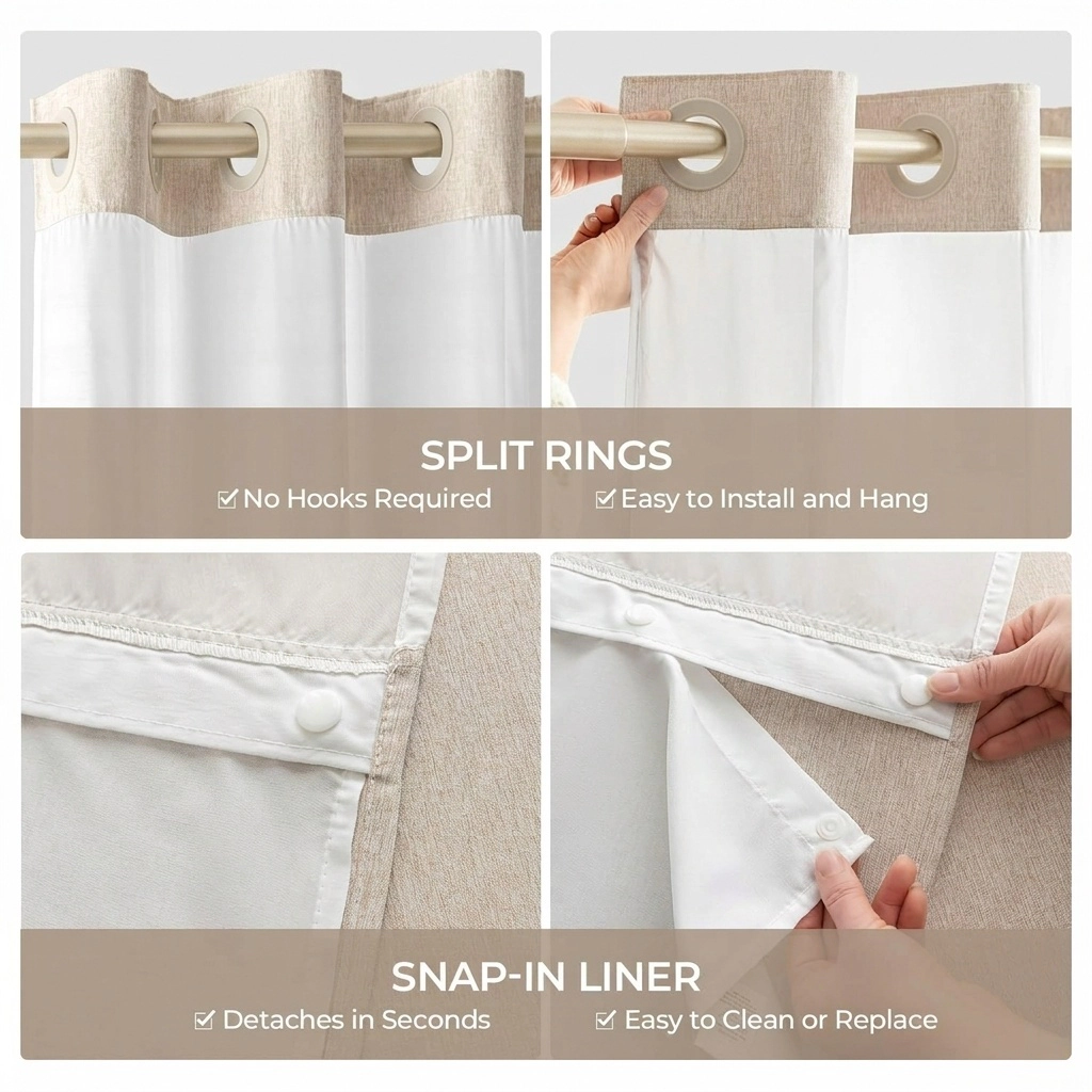 WZK Linen Textured No Hook Quick Dry Water Repellent Washable Farmhouse Shower Curtain Liner Set