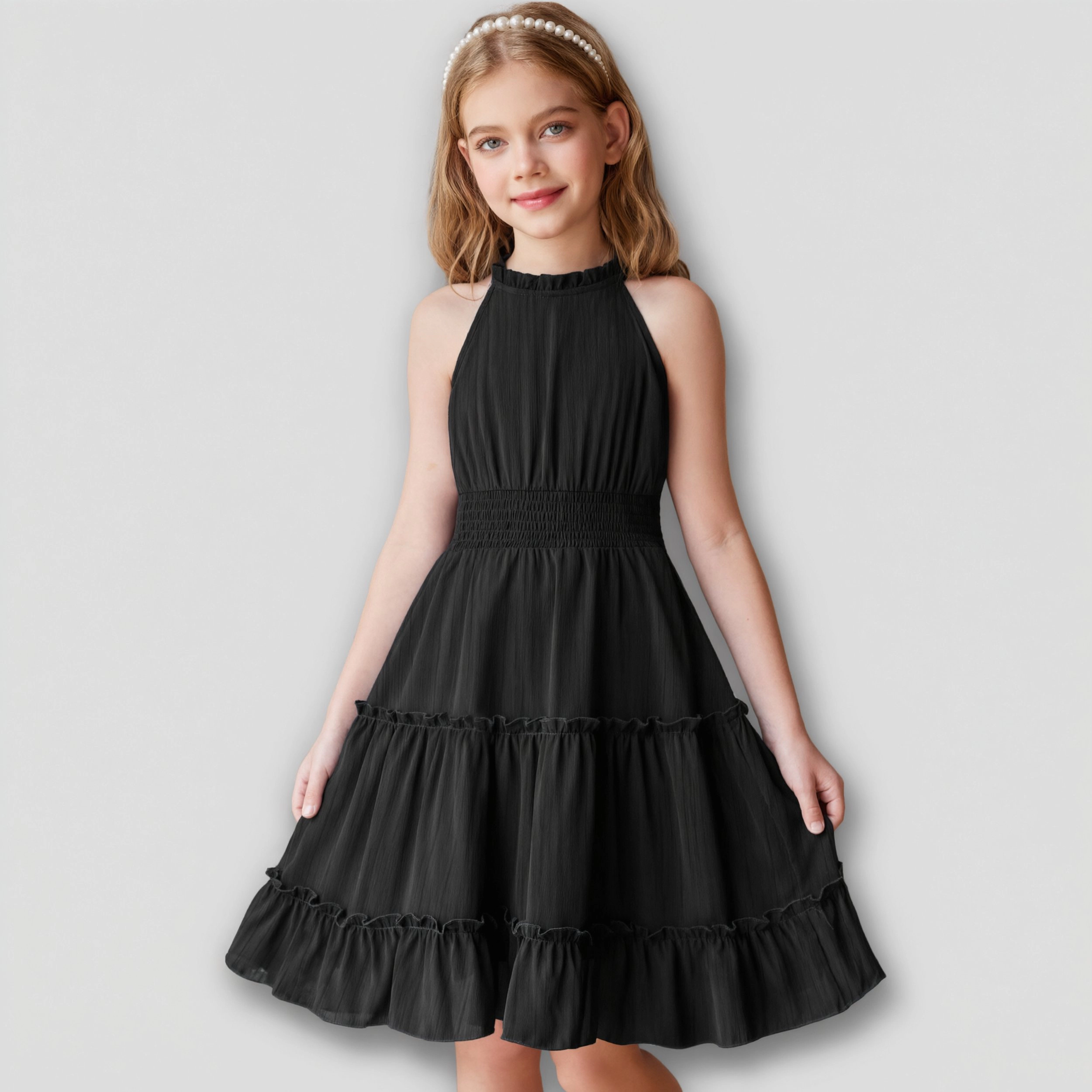 Arshiner Girls Halter Neck Sleeveless Smocked Tiered Flowy Summer Dress