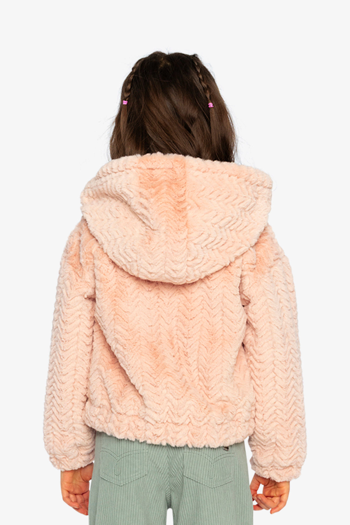 Deux par Girls Chevron Faux Fur Hooded Zip Cardigan