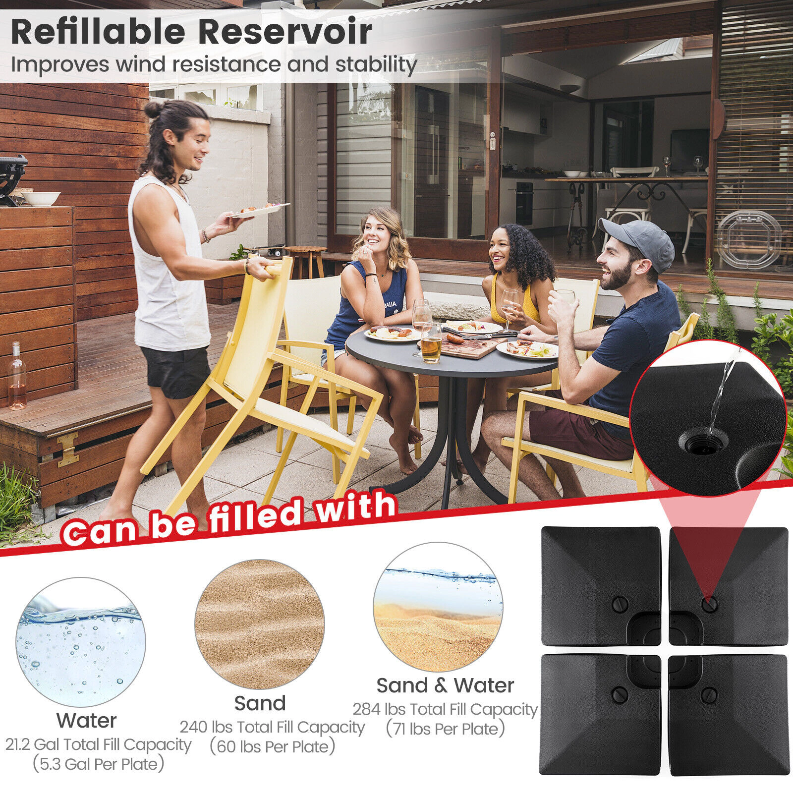 Slickblue Outdoor Cantilever Umbrella Base Plates 4 Pack Fillable Sand or Water Weighted Set Black