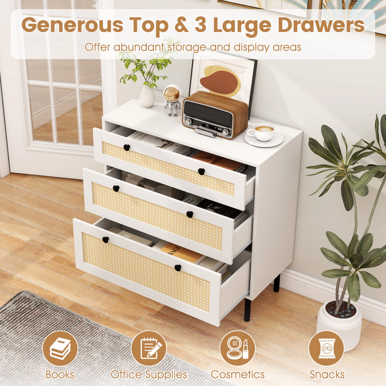 SUGIFT White Rattan 3-Drawer Dresser Nightstand, Boho Bedroom Chest