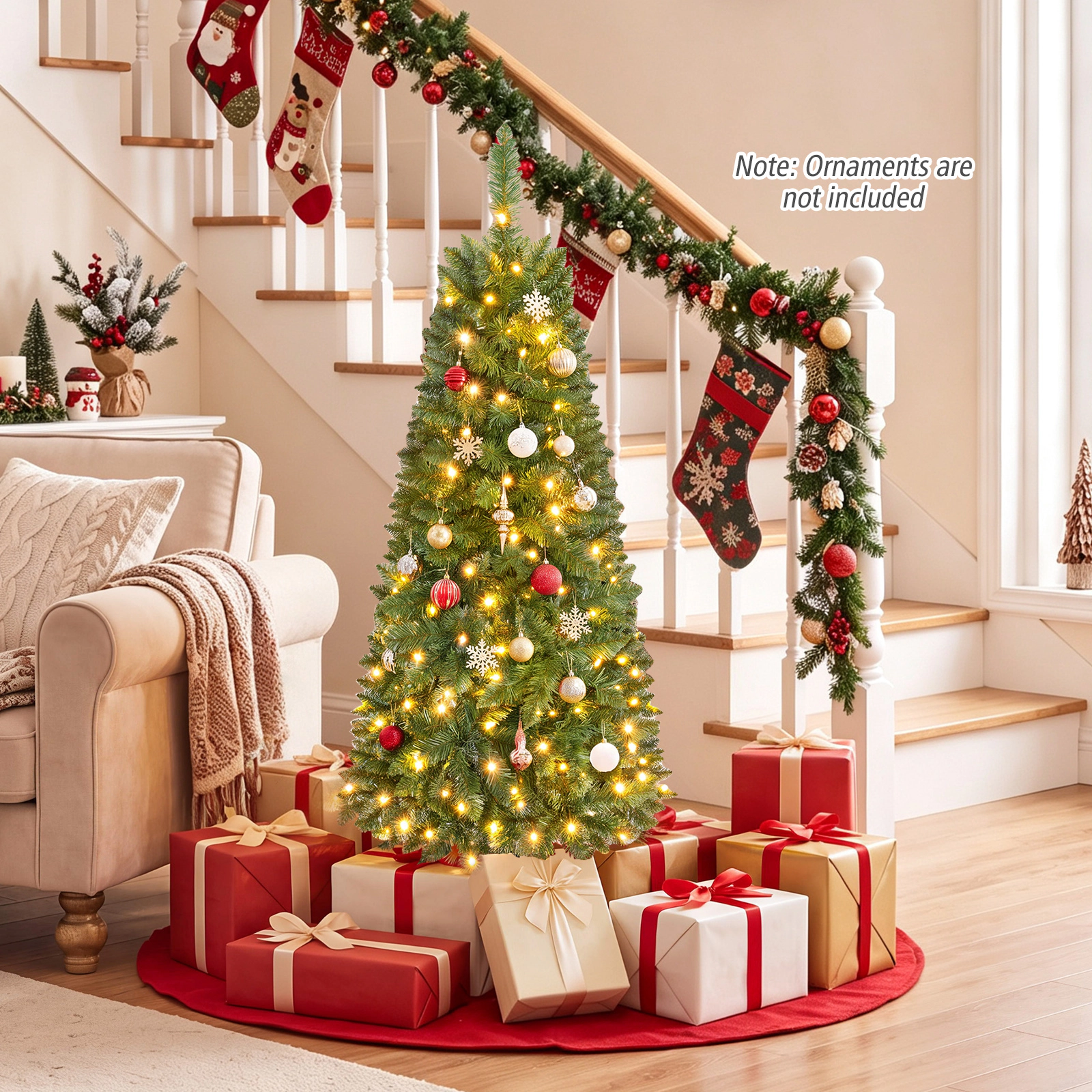 Costway 4.5/6.5/7.5ft Pre-Lit Hinged Pencil Christmas Tree 150 Lights
