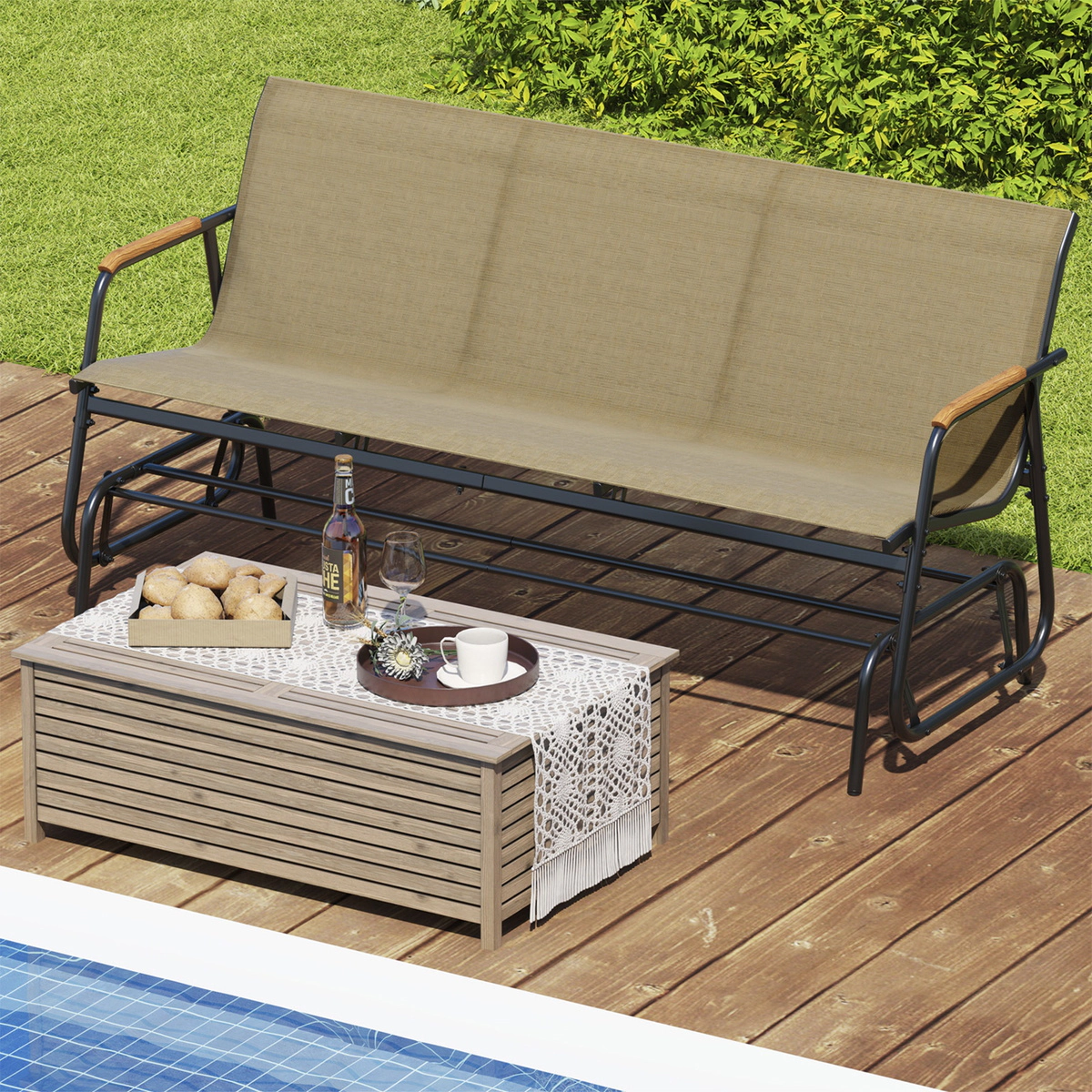 SUGIFT 3-Person Brown Outdoor Patio Glider Bench, 990-Lb Capacity, Teak Armrests