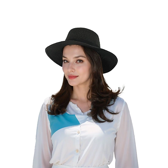 Anna-Kaci Women's Wide Brim Straw Fedora Sun Hat with Black Band Packable Summer Panama Hat for UV Protection