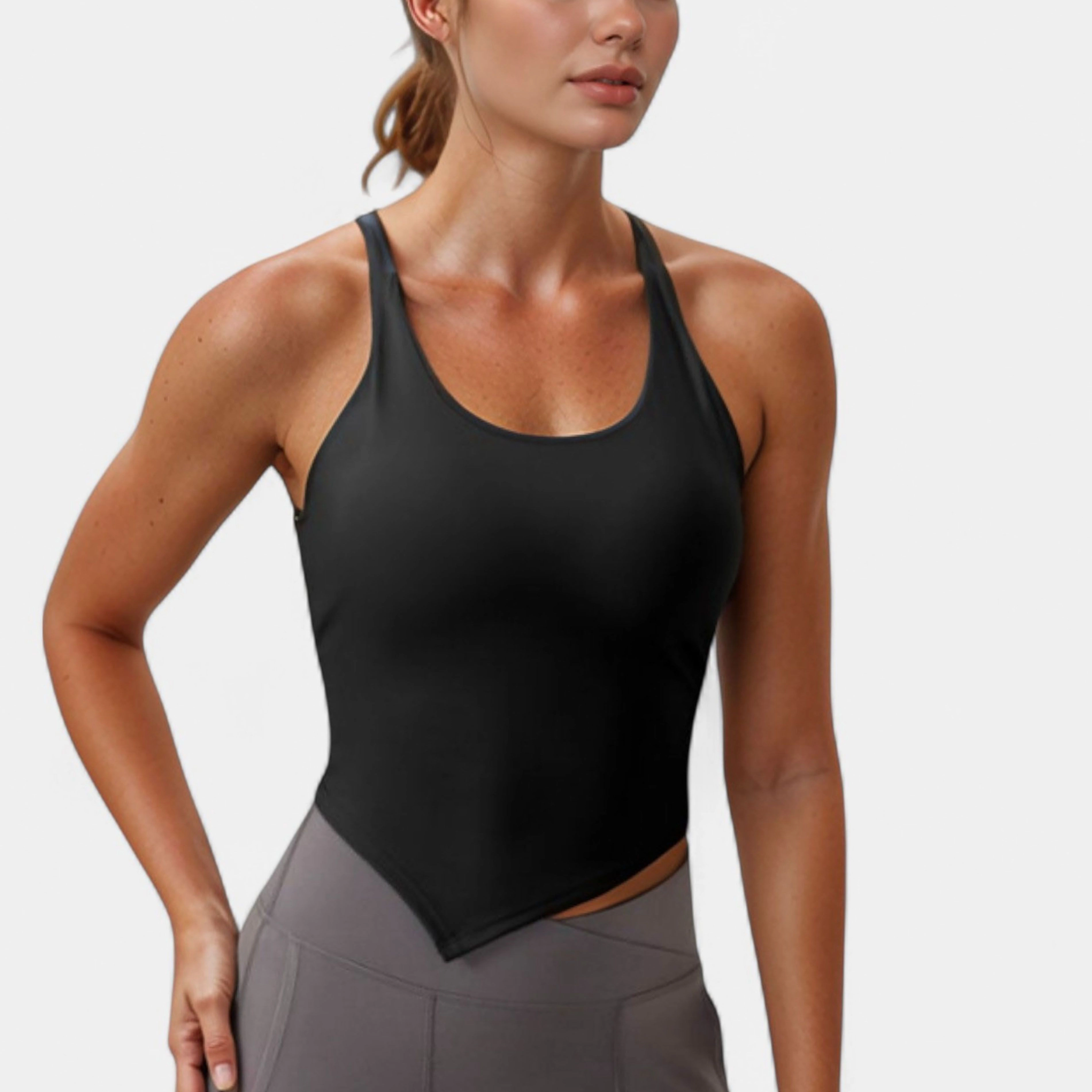 Anna-Kaci Women's Scoop Neck Racerback Tank Top with Handkerchief Hem and Built-In Shelf Bra for Low Impact Activity