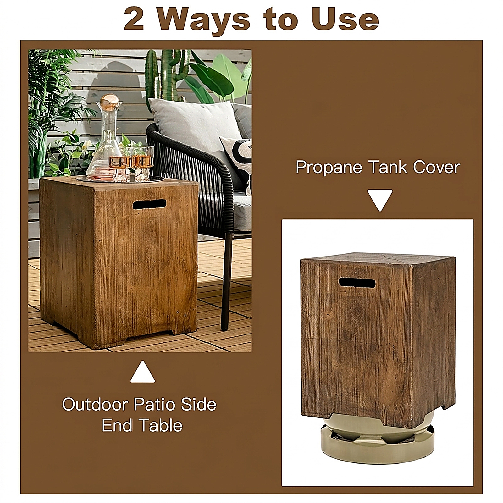 SUGIFT 16 Inch Outdoor Hideaway Side Table Brown for Standard 20 LBS Propane Tank