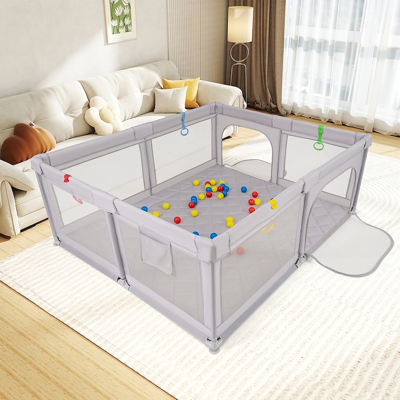 SUGIFT 73-in Large Baby Playpen with Waterproof Play Mat 50 Ocean Balls 4 Pull Rings and Mesh Storage Bag