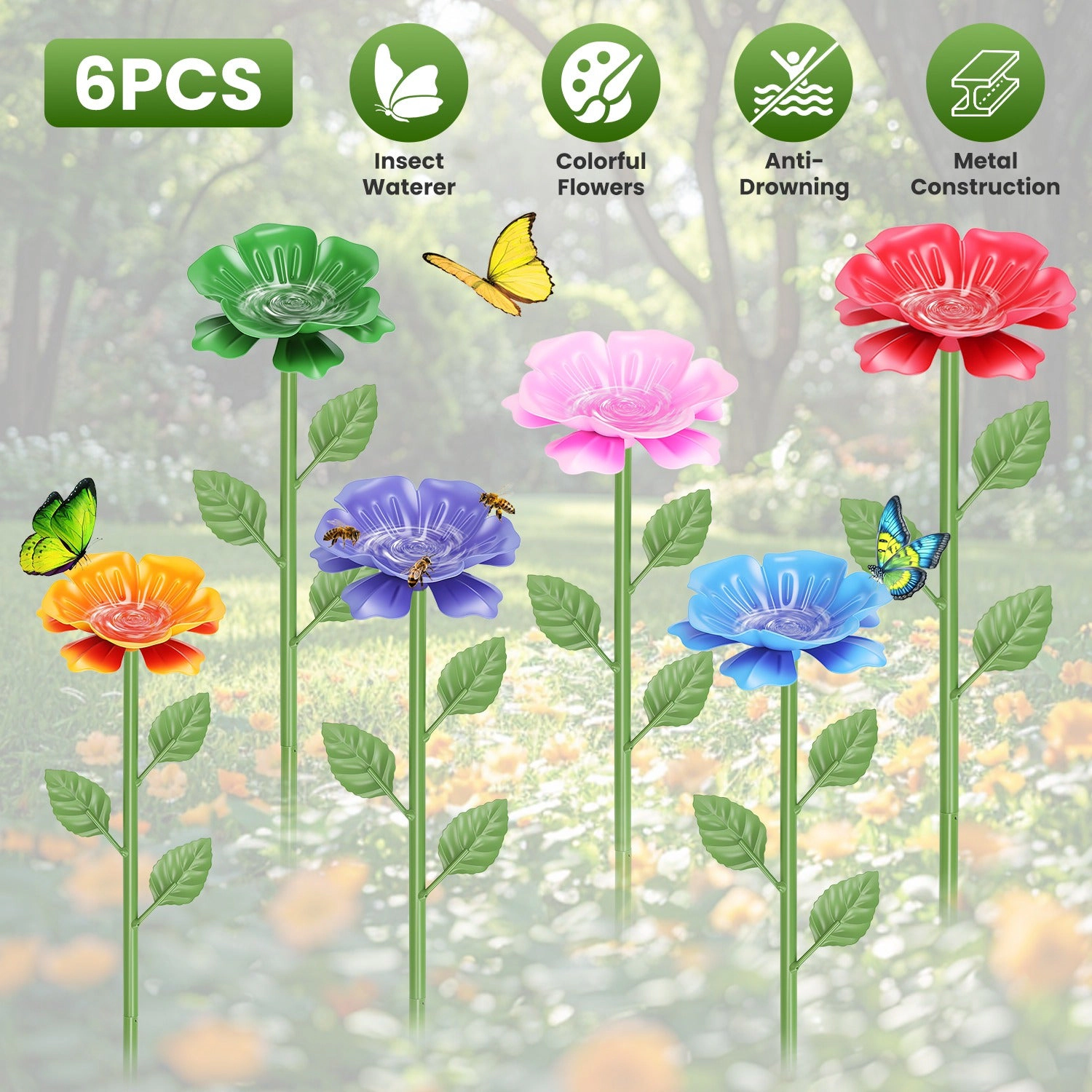 GBruno 6-Piece Metal Bee Watering Station Stakes