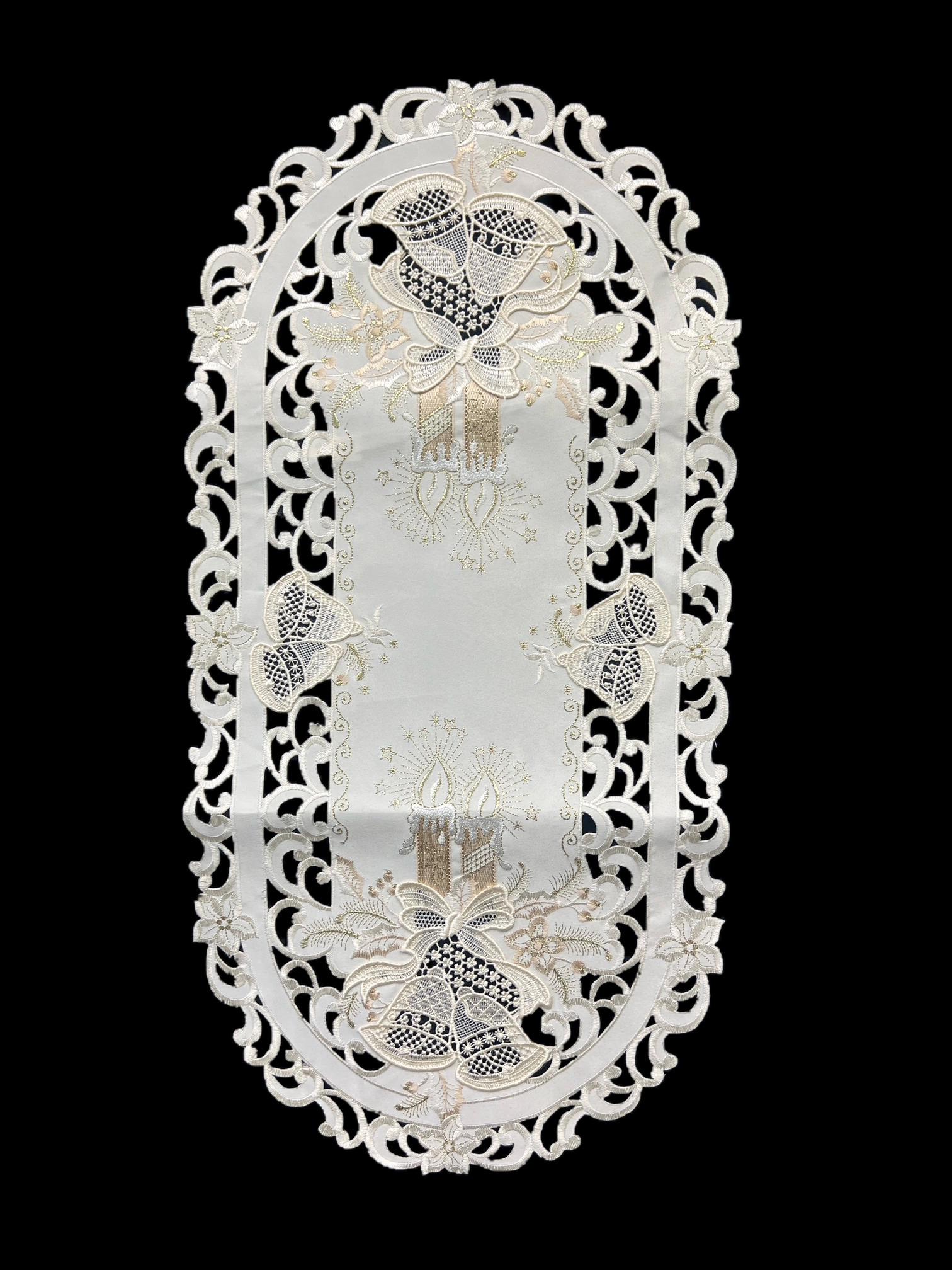 Jiallo Christmas Candle Beige Lace Embroidered Cutwork Rect Table Runner, 13 by 27 inch