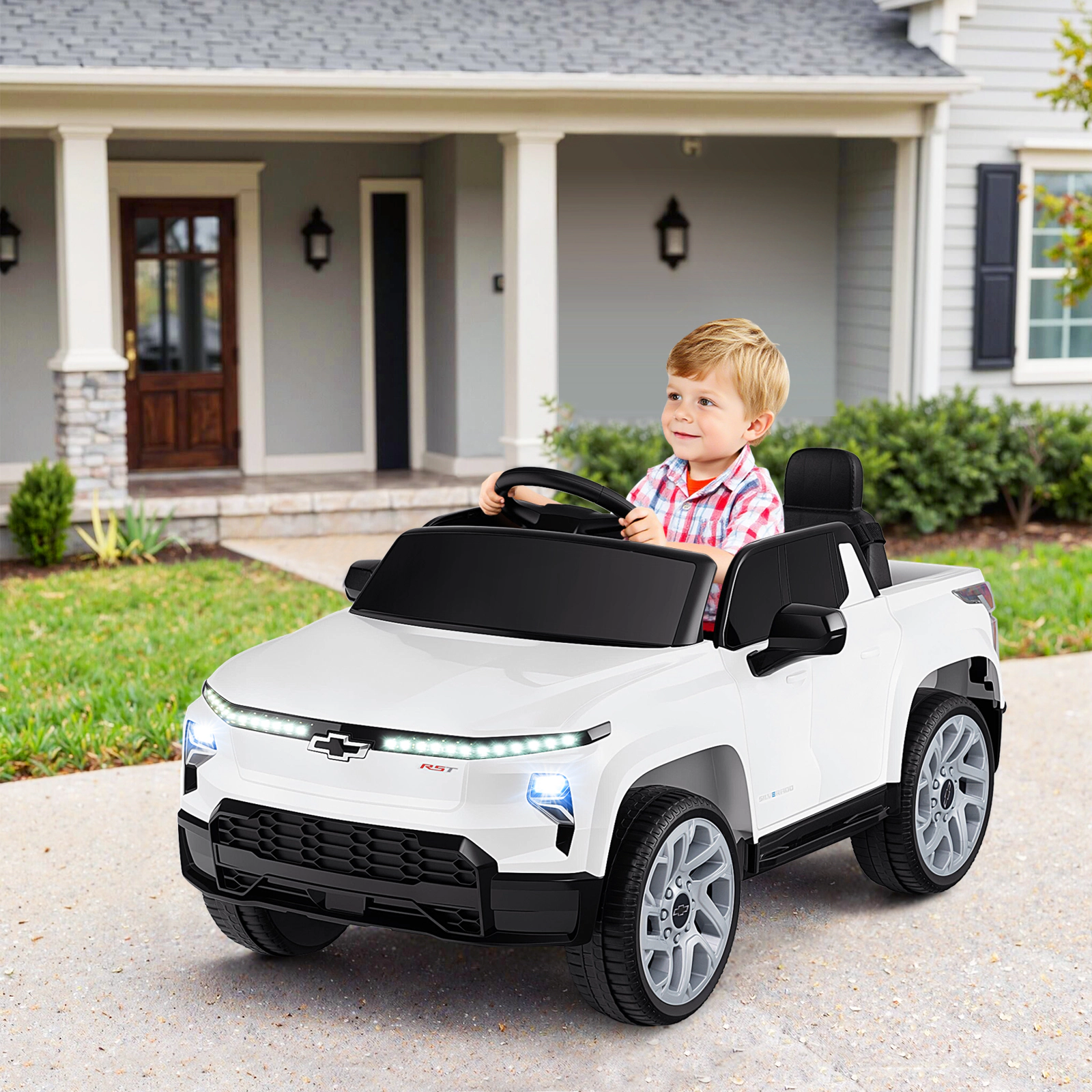 SUGIFT White Remote Control and Storage Cube 12V Licensed Chevrolet Kids Ride On Truck