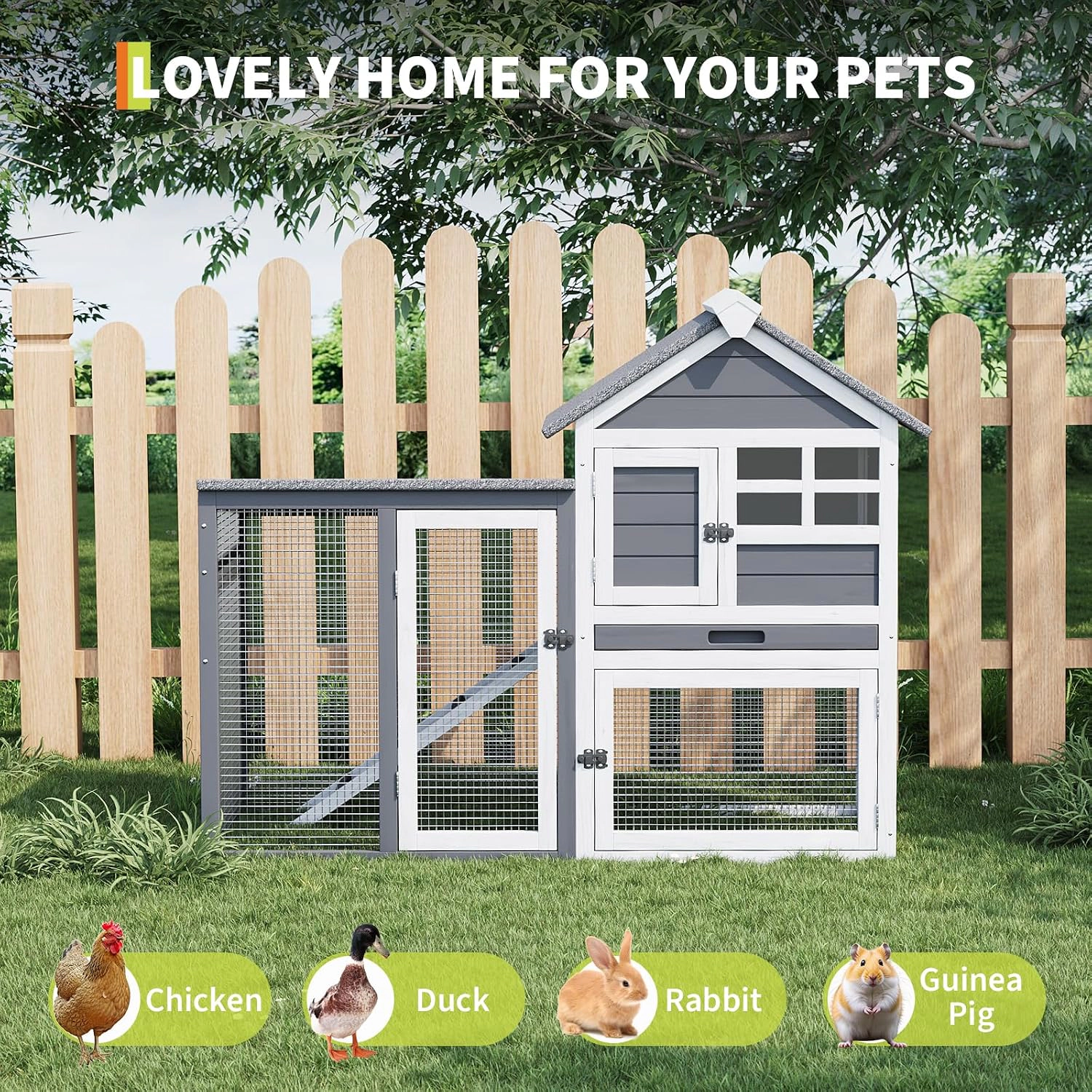 2-Tier Wooden Rabbit Chicken Cage, Indoor-Outdoor Pet Hutch with Ramp & Waterproof Panels