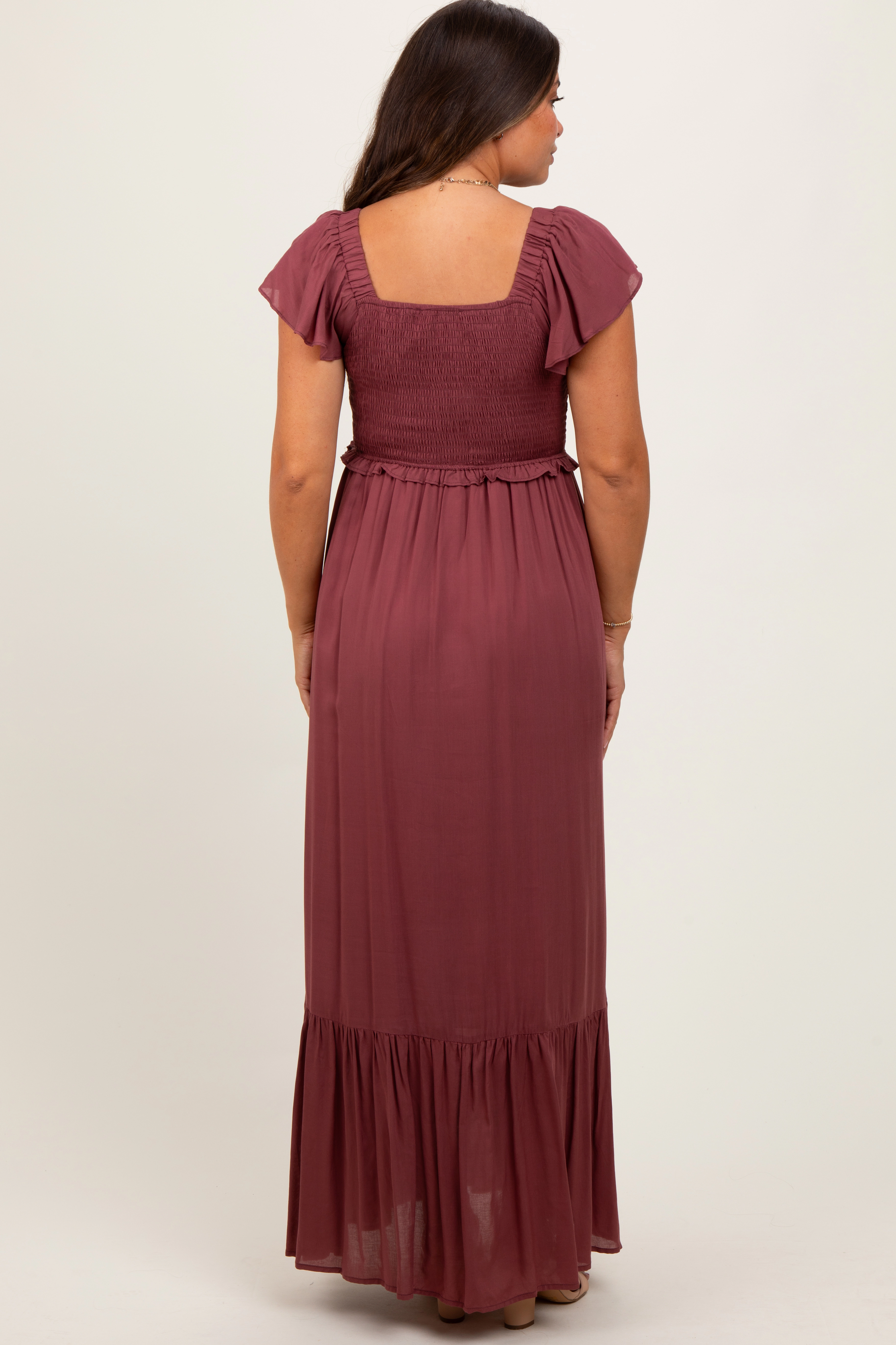 PinkBlush Womens Burgundy Smocked Top Woven Maternity Maxi Dress