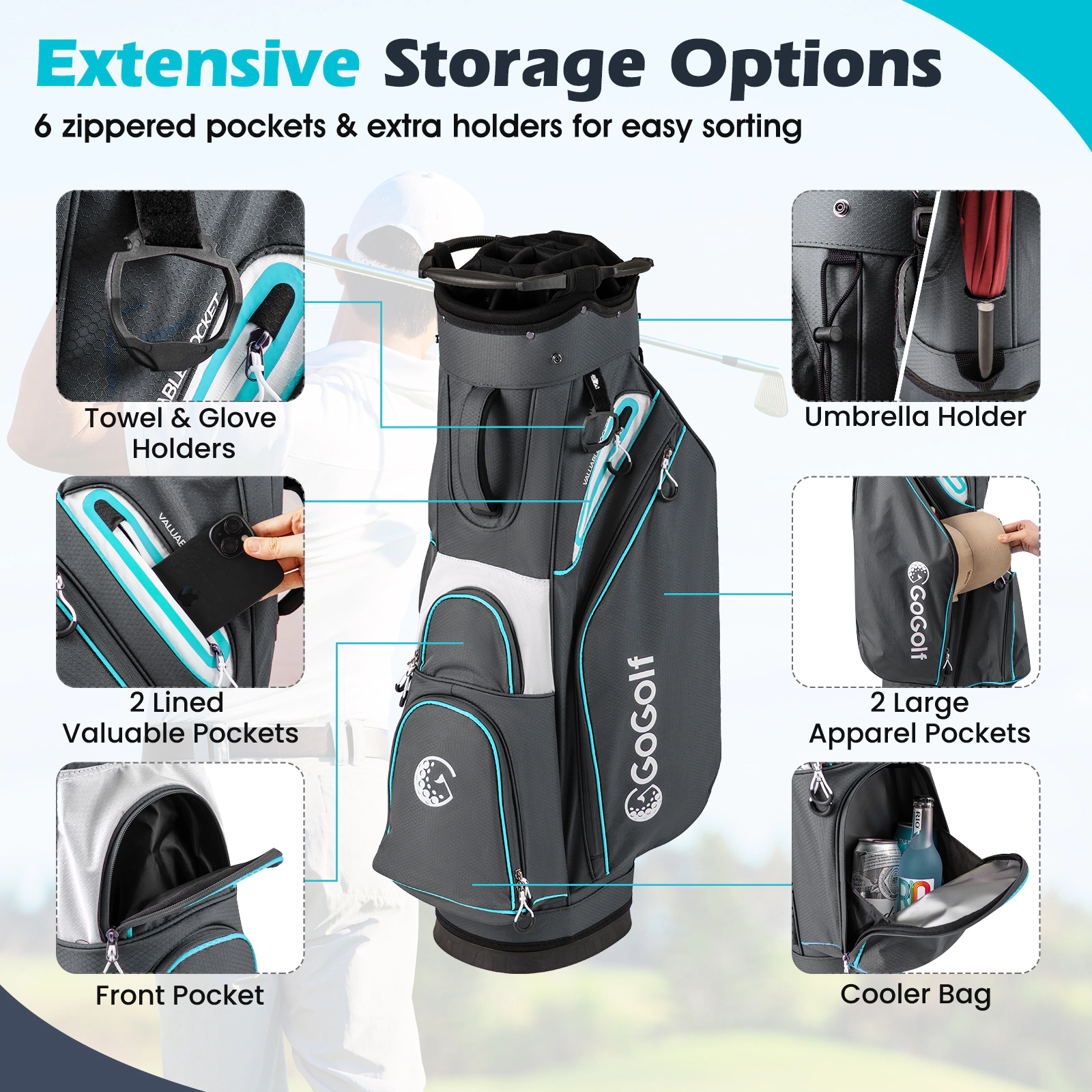 Lightweight Golf Cart Bag 14-Way Top 6 Zippered Pockets Cooler Pocket Removable Rain Hood Padded Strap Gray