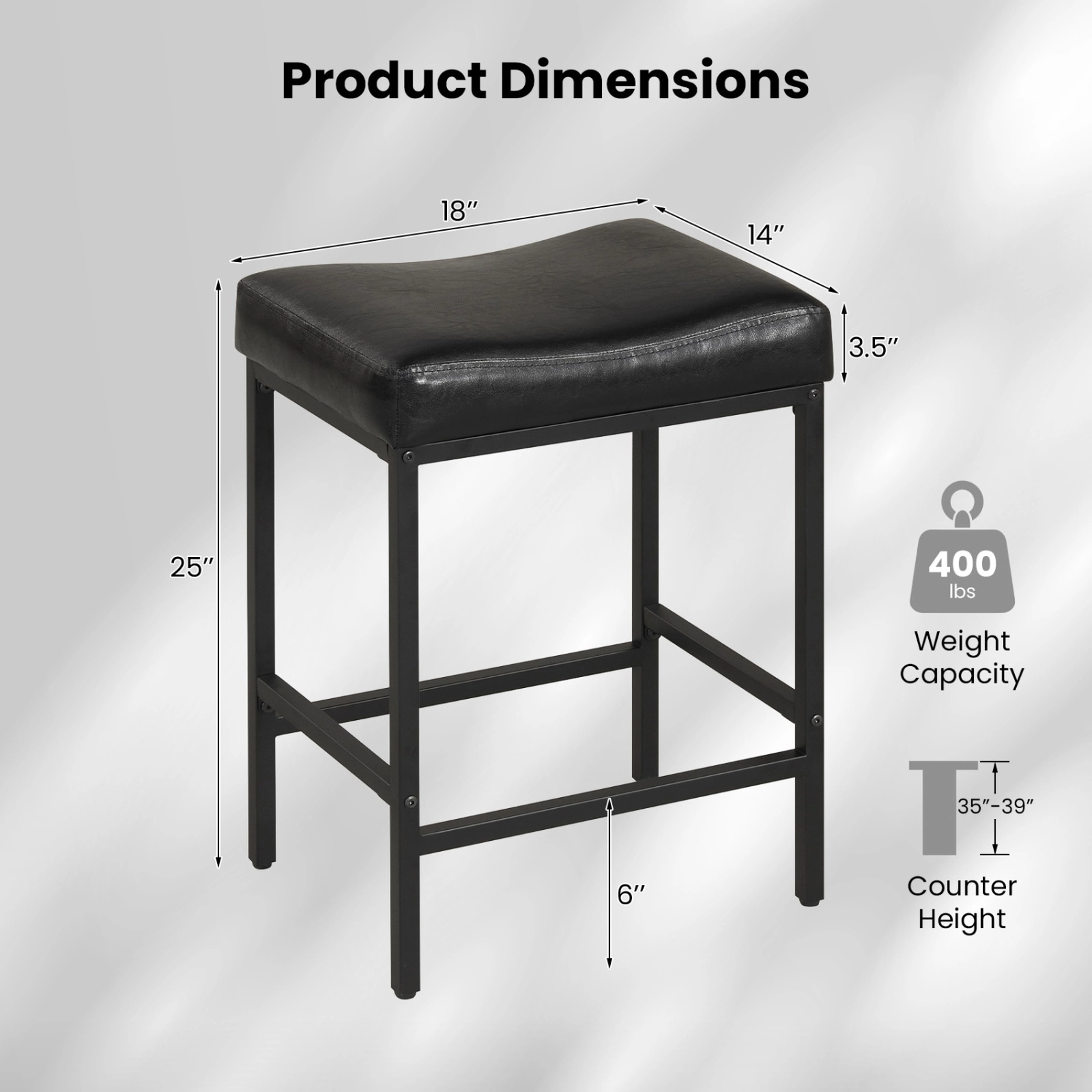 SUGIFT Set of 2 Black Faux Leather Saddle Bar Stools, 25 in Counter Height, 400 lb Capacity
