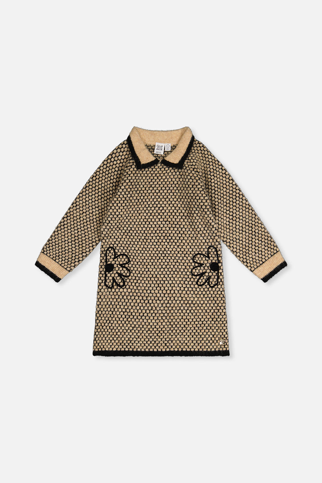 Deux par Deux Girls Honeycomb Knit Dress with Collar & Floral Embroidery