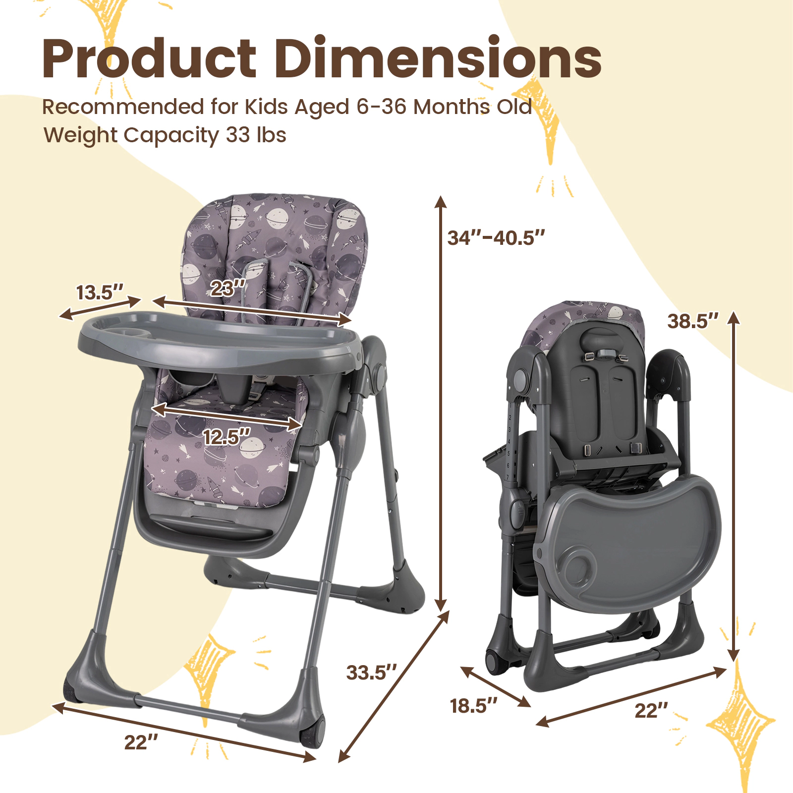 SlickBlue Gray Foldable Baby High Chair with Reclining Backrest and Removable Trays