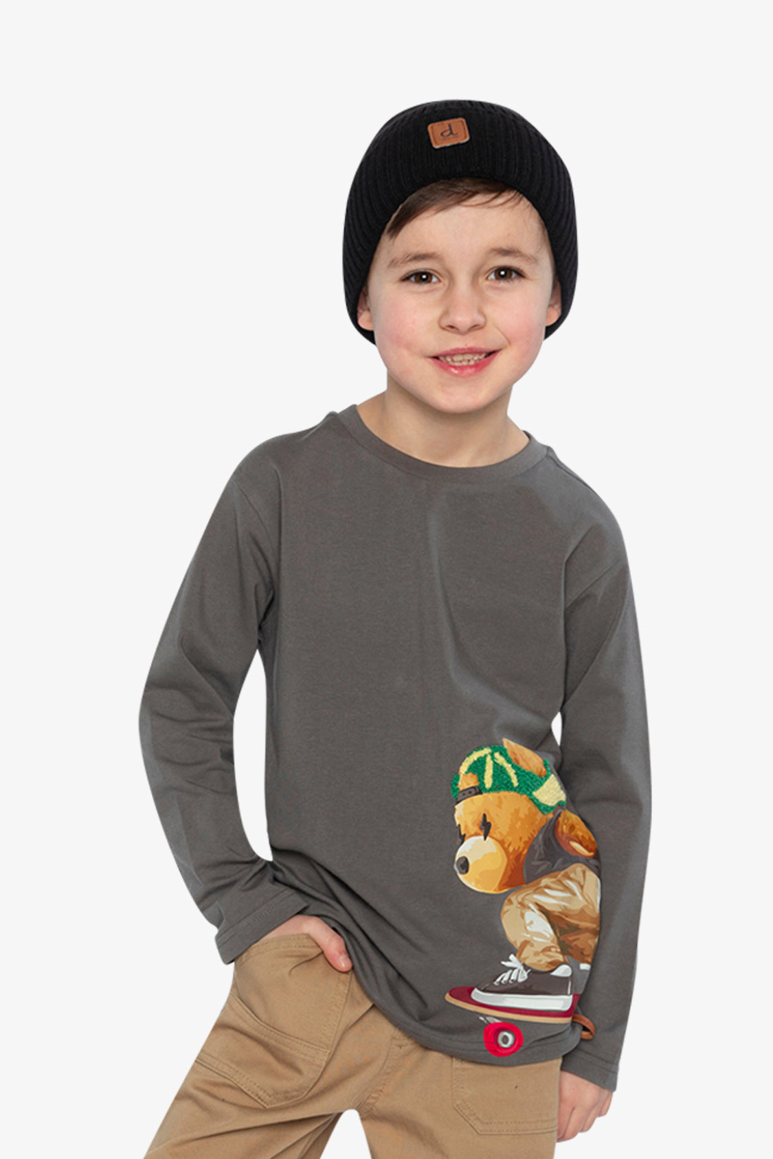 Deux par Boys Long Sleeve Organic Cotton T-Shirt with Skateboarding Bear Graphic
