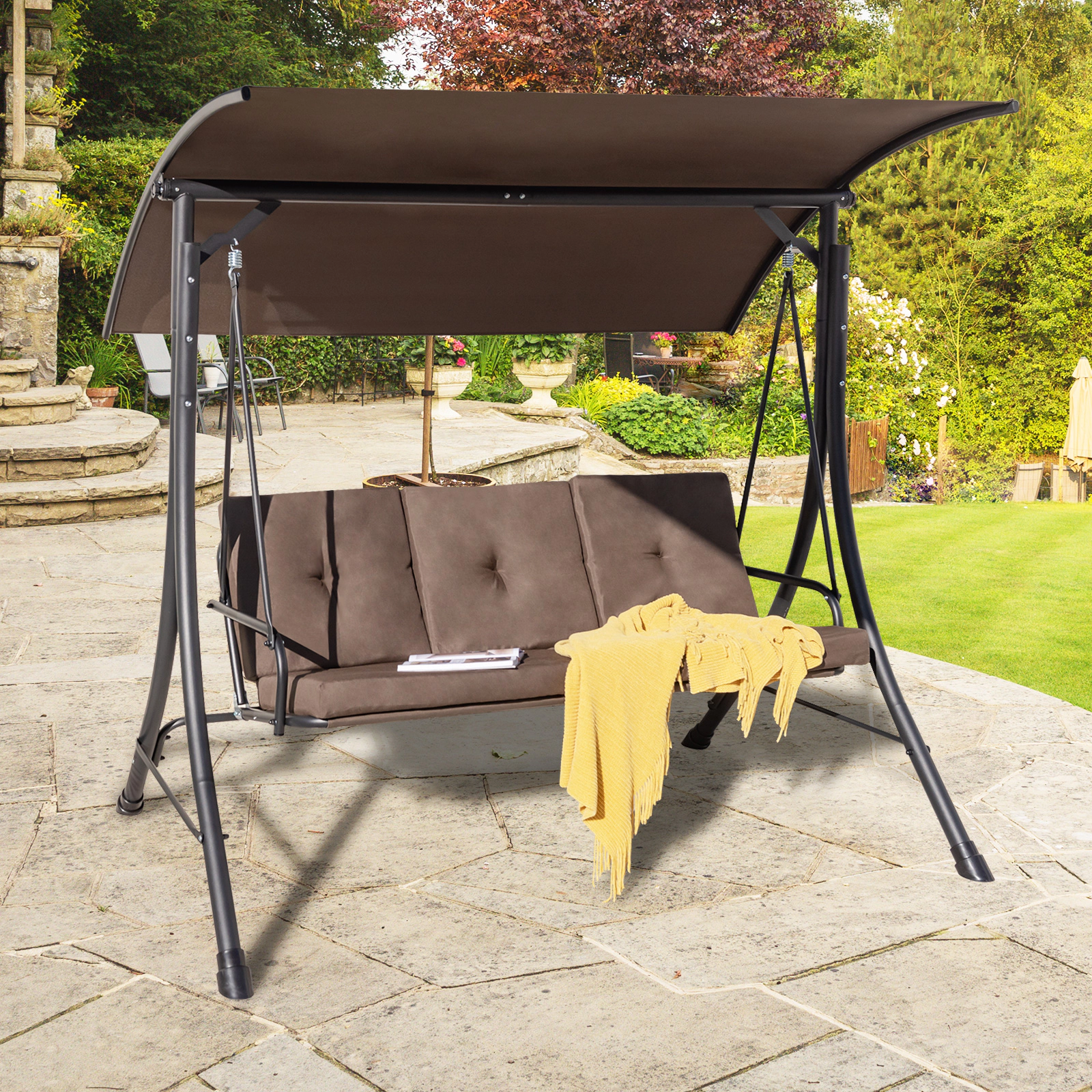 SUGIFT Brown 3-Seat Porch Swing with 240-Degree Canopy, Olefin Cushions, 800-Lb Capacity